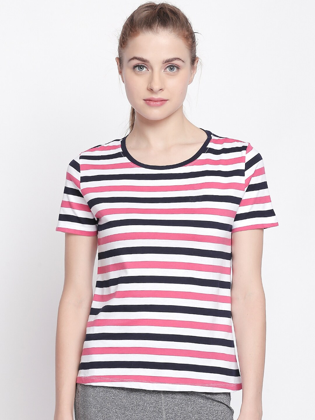 Ajile by Pantaloons Women White Striped Round Neck Pure Cotton T-shirt Price in India
