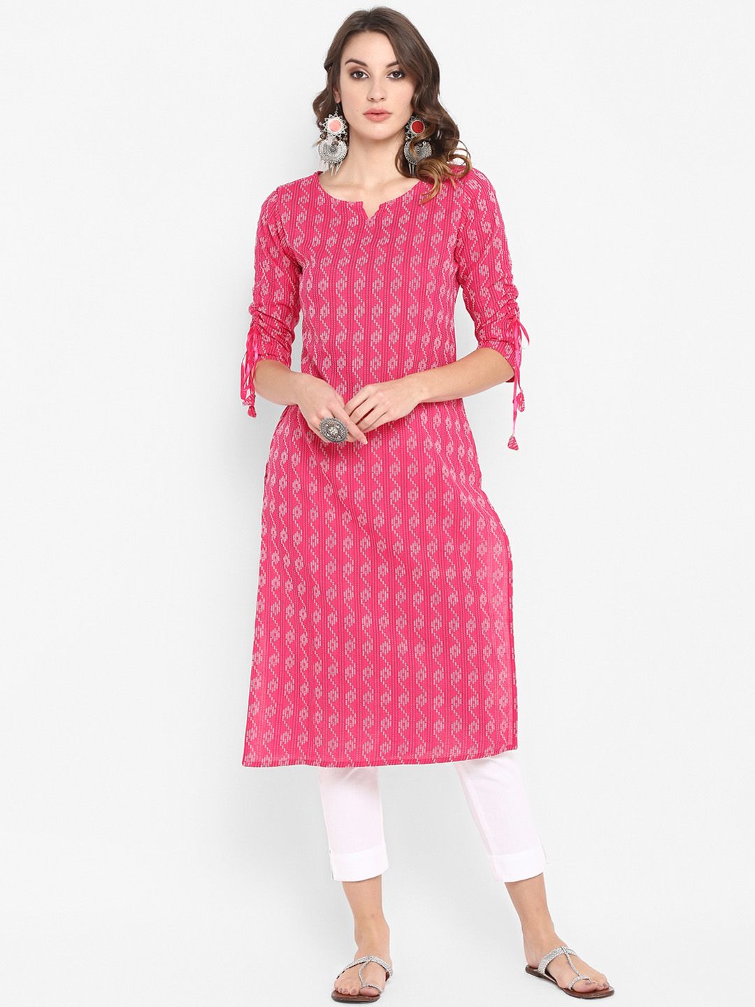 Janasya Women Pink & White Printed Straight Kurta Price in India