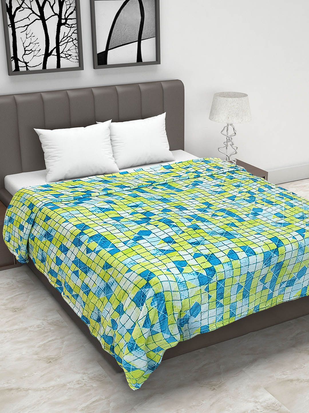 Status Yellow & Blue Checked Mild Winter 150 GSM Double Bed Blanket Price in India