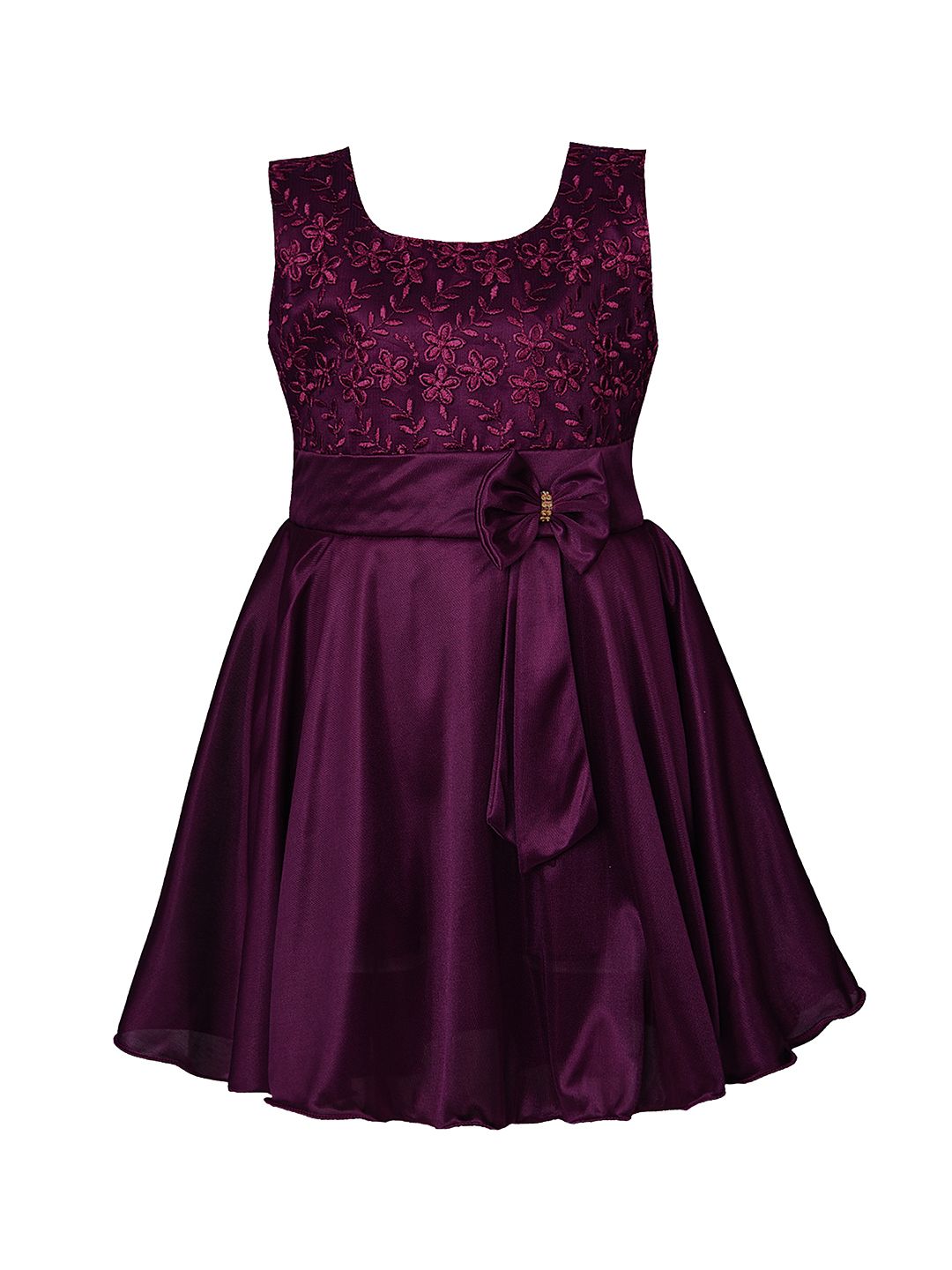 Wish Karo Girls Burgundy Floral Embroidered Fit and Flare Dress