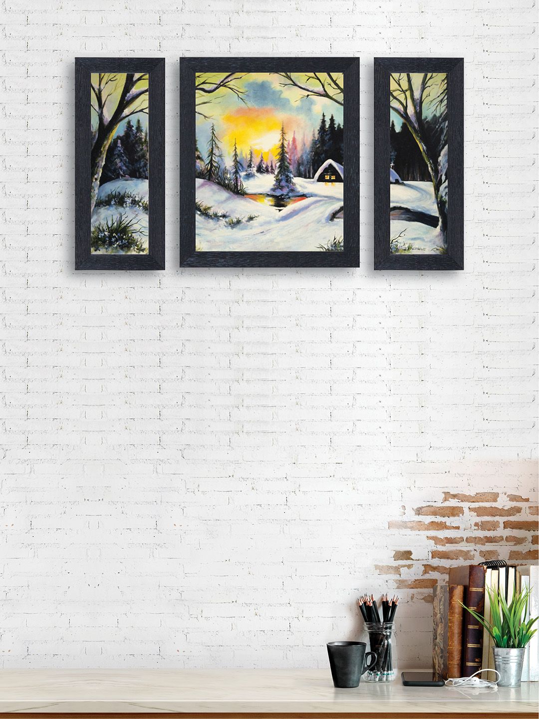 nest ART Set of 3 Yellow & White Snowy Scenery  Framed Paintings Price in India