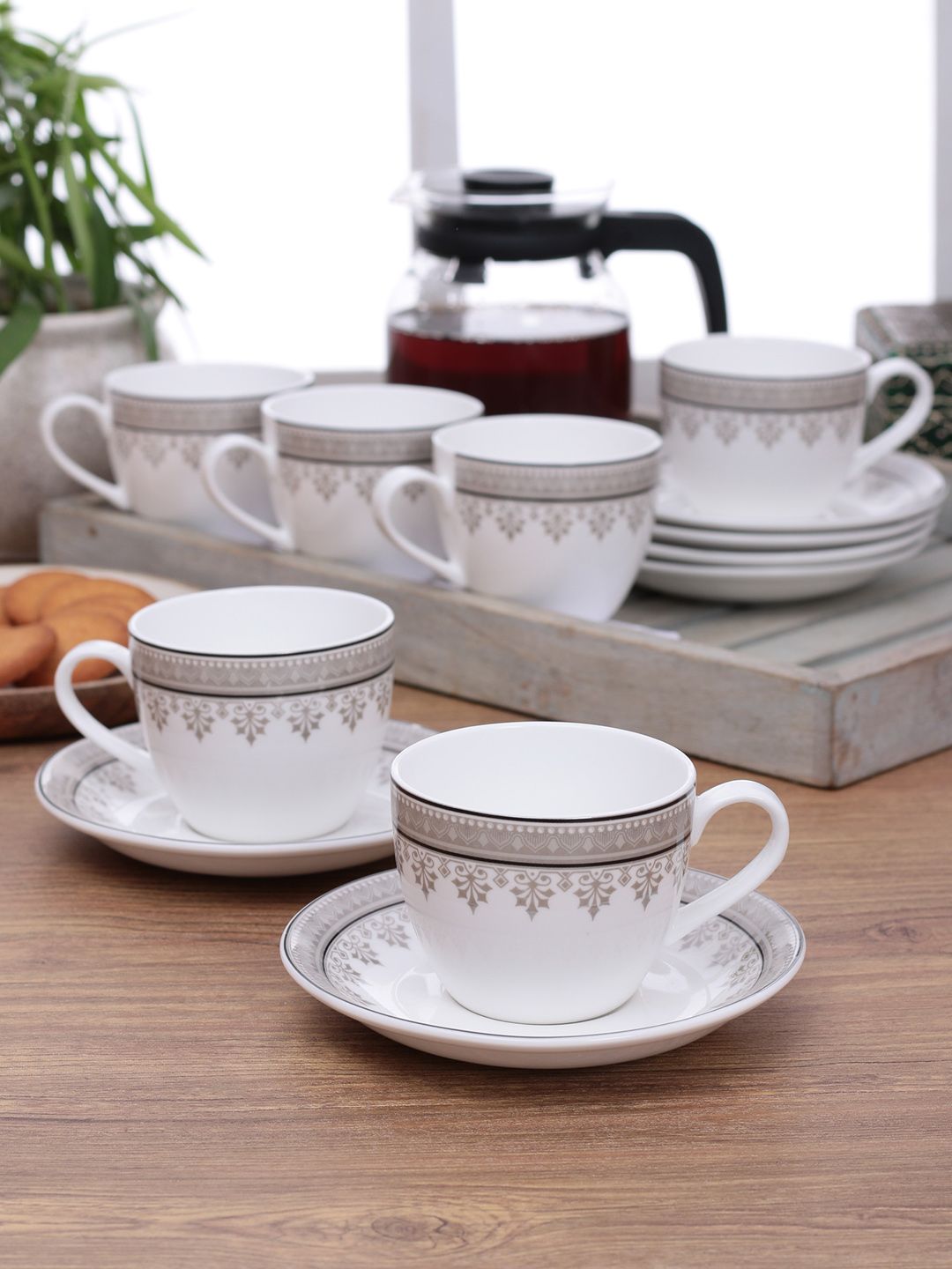 CLAY CRAFT White & Grey Set of 6 Printed Bone China Cups and Saucers Price in India