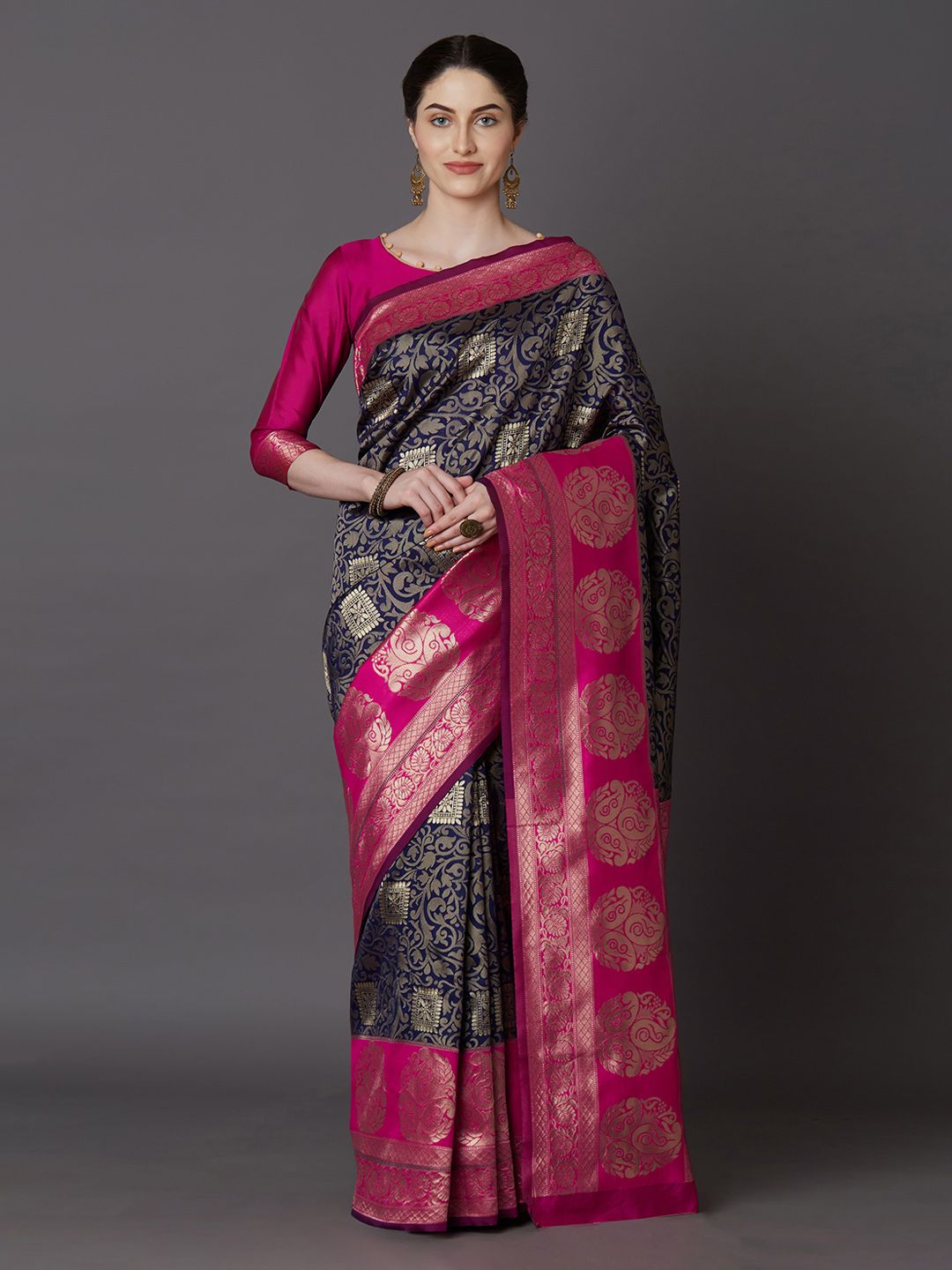 Mitera Blue & Magenta Silk Blend Woven Design Kanjeevaram Saree Price in India