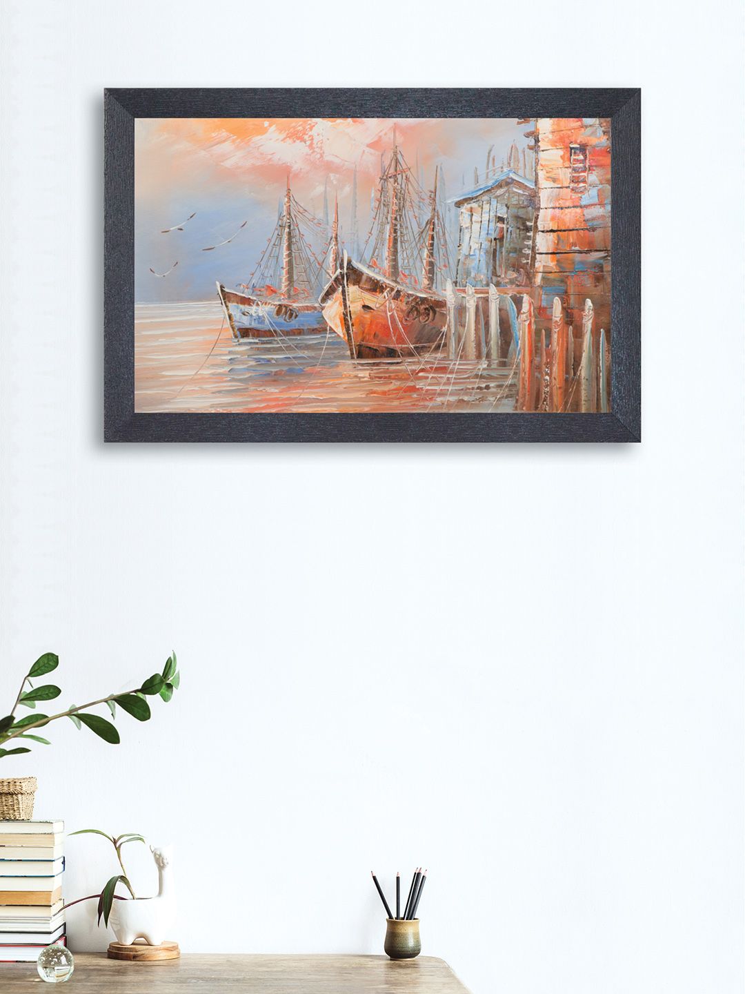 nest ART Orange & Blue Boat Framed Painting Price in India
