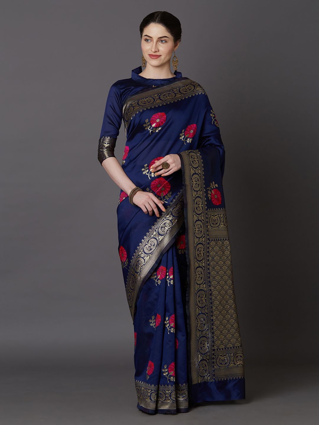 Mitera Blue & Gold-Coloured Silk Blend Woven Design Kanjeevaram Saree Price in India