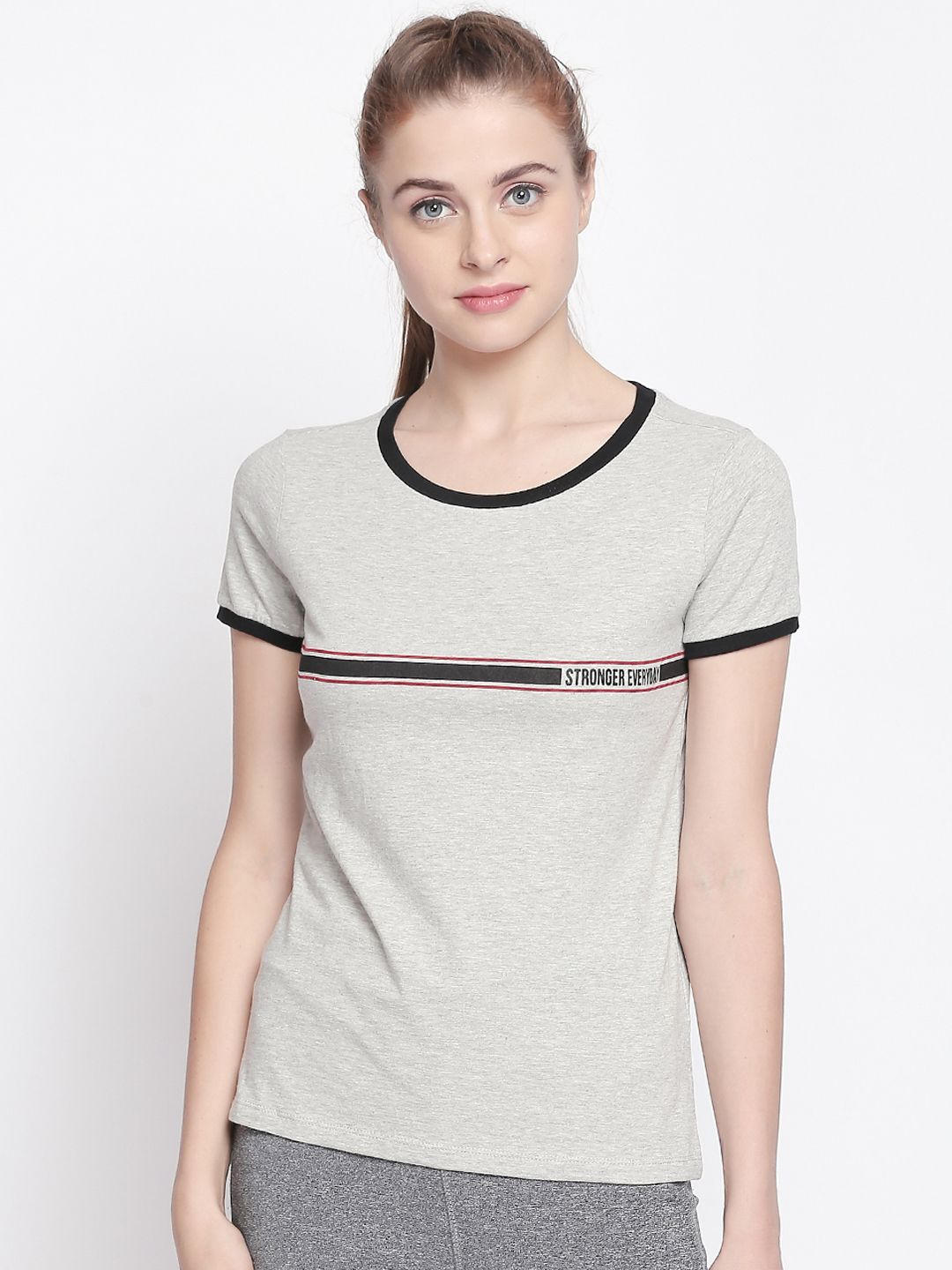 Ajile by Pantaloons Women Grey Melange Solid Round Neck Pure Cotton T-shirt Price in India