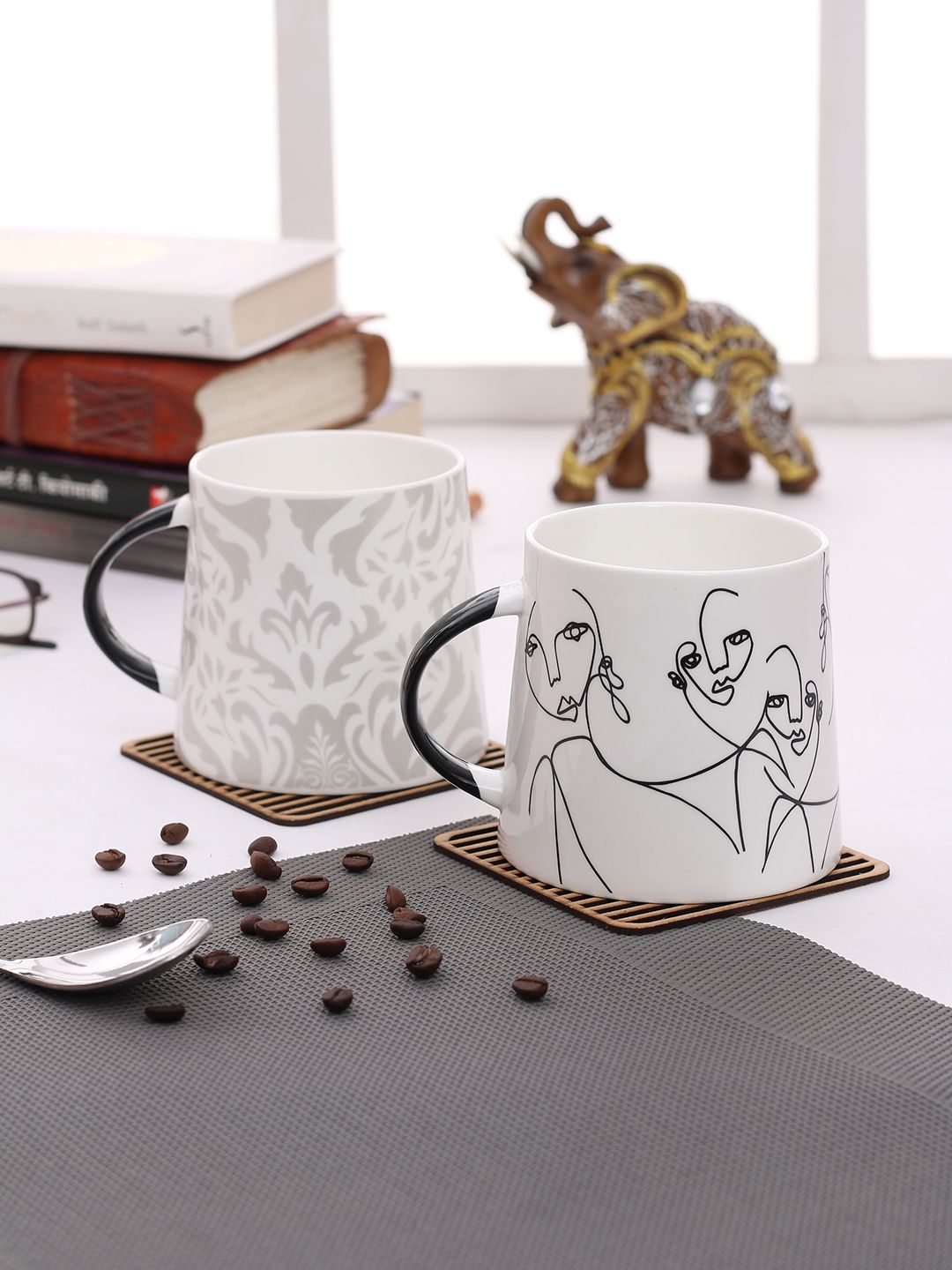 JCPL White & Grey 2-Pieces Printed Porcelain Cups Set Price in India