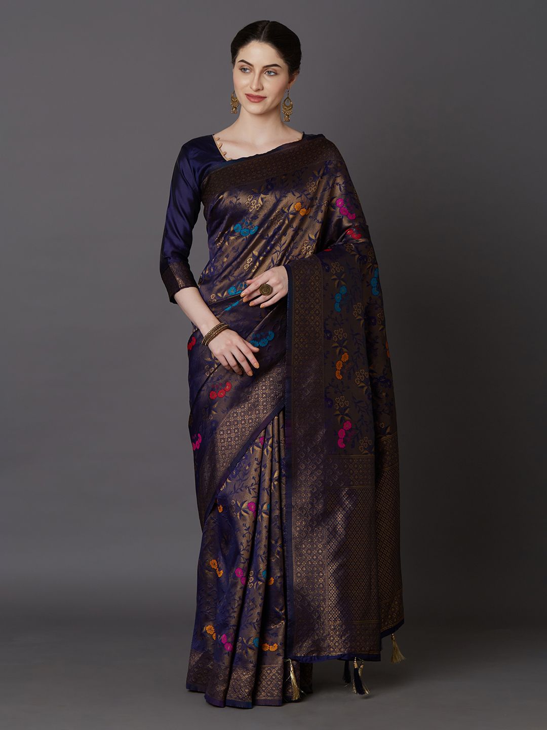 Mitera Navy Blue & Gold-Coloured Silk Blend Woven Design Kanjeevaram Saree Price in India