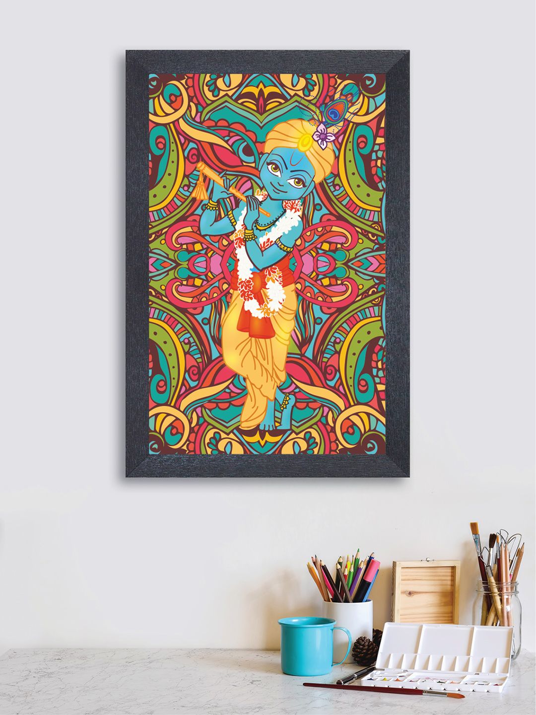 nest ART Blue and Yellow Balakrishna Framed Wood Wall Art Price in India