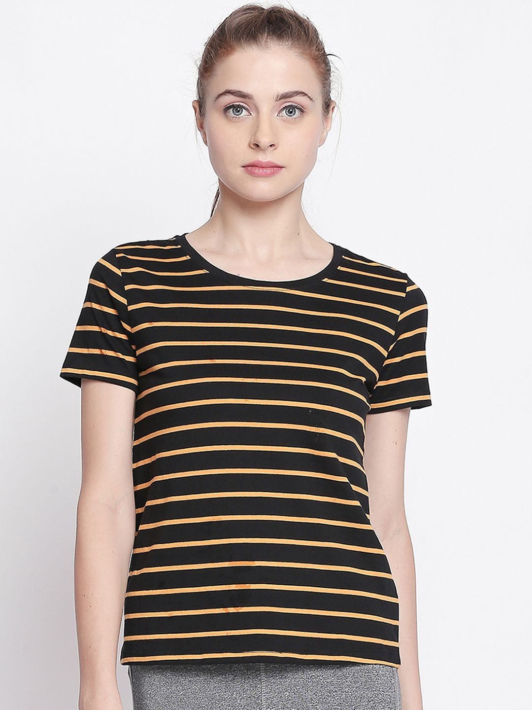 Ajile by Pantaloons Women Black Striped Round Neck Pure Cotton T-shirt Price in India