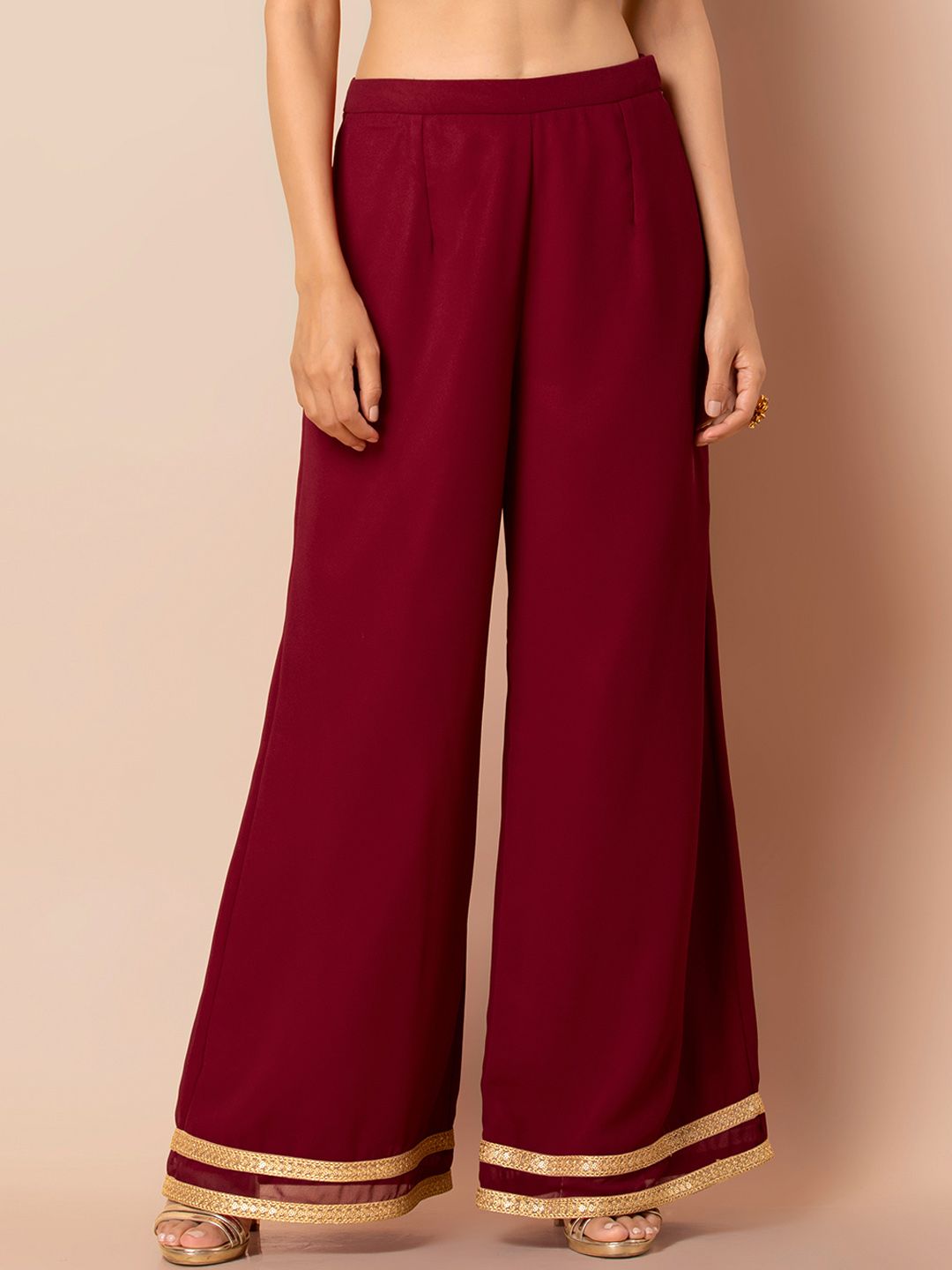 INDYA Women Maroon Solid Wide Leg Palazzos Price in India