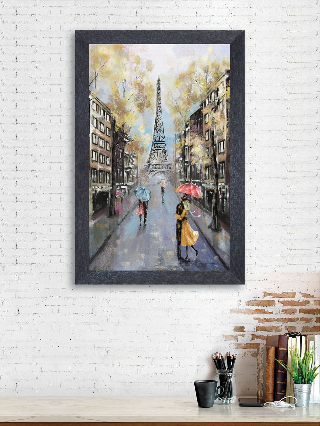 nest ART Blue and Yellow Watercolor Synthetic Wood Wall Art Romance Near Eiffel Tower Price in India