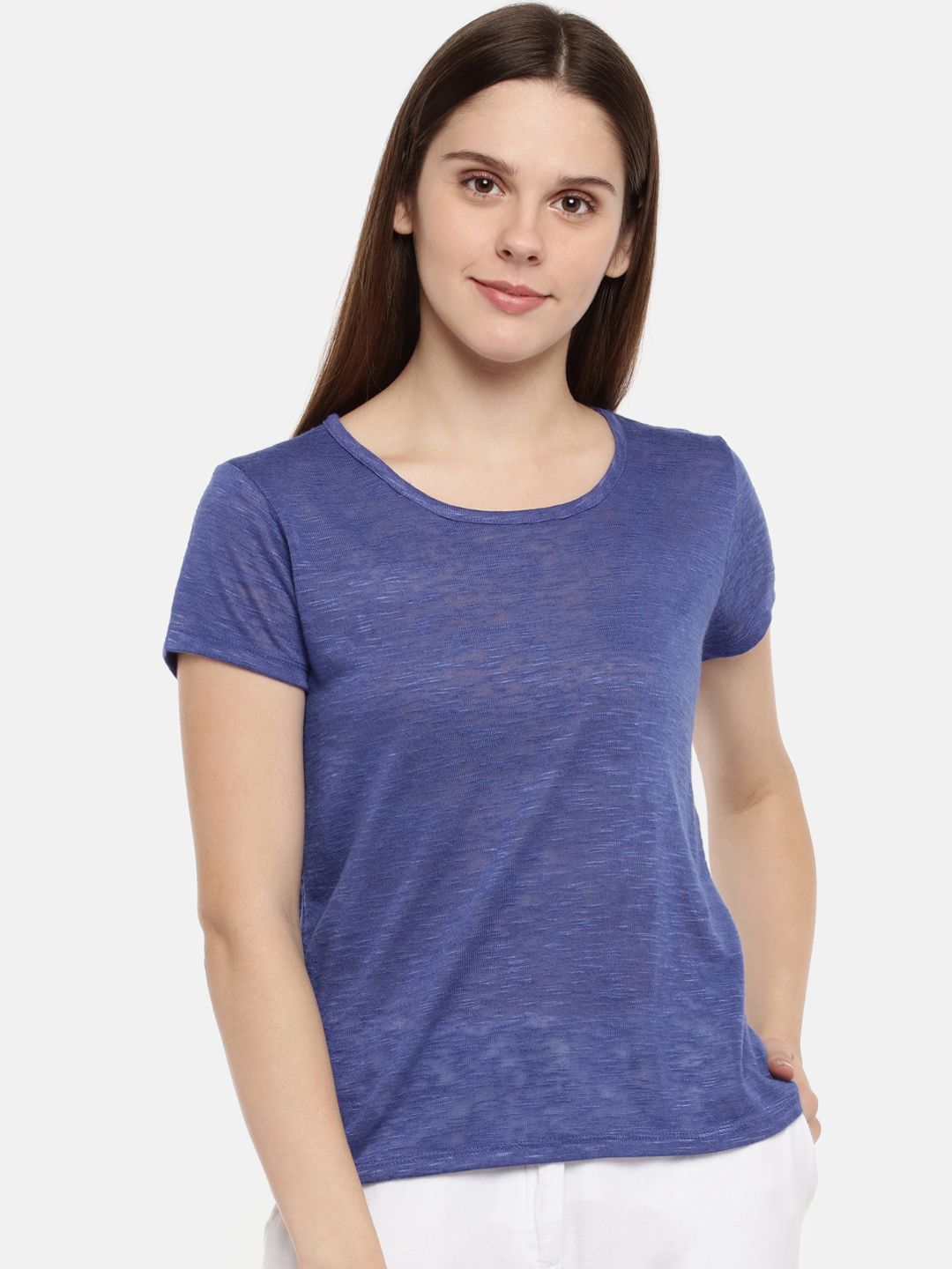Dreamz by Pantaloons Women Blue Solid Round Neck Lounge T-shirt Price in India