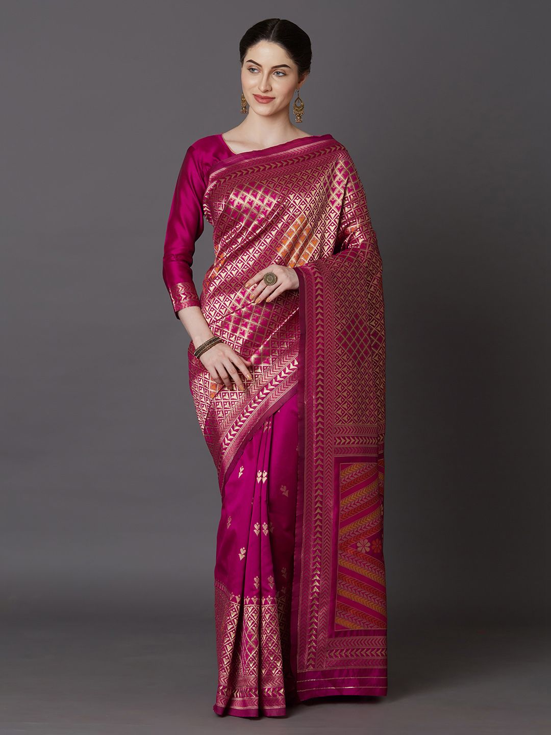 Mitera Magenta Silk Blend Woven Design Kanjeevaram Saree Price in India