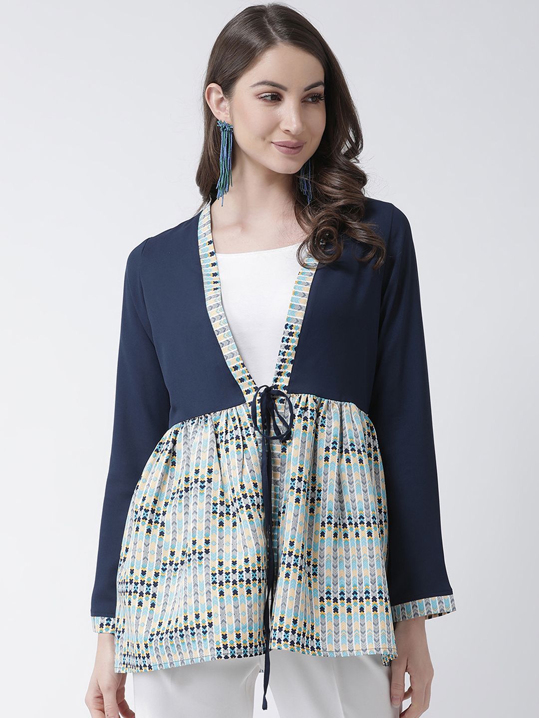 KASSUALLY Women Navy Blue & Yellow Printed Tie-Up Shrug Price in India