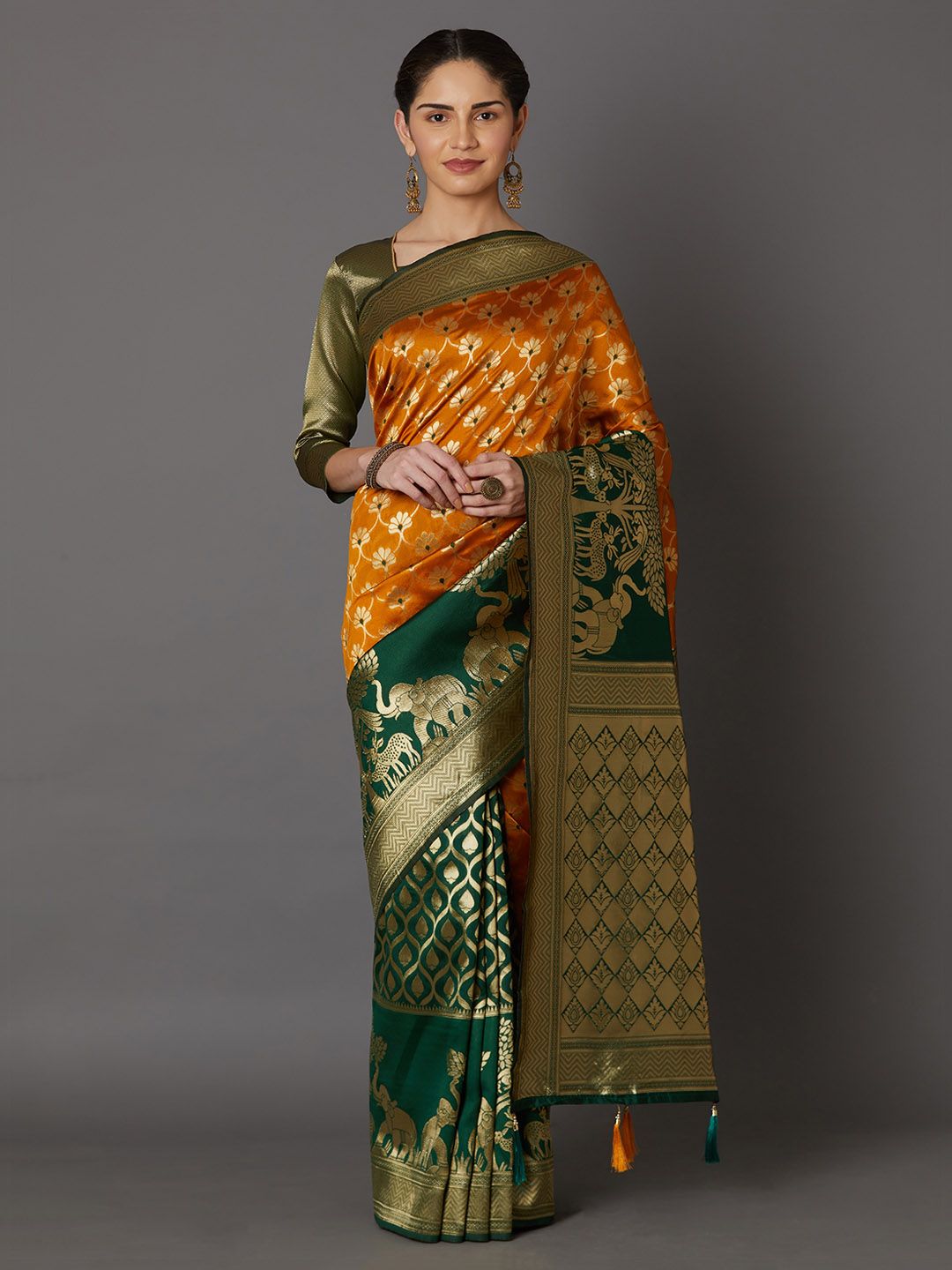 Mitera Orange & Green Silk Blend Woven Design Kanjeevaram Saree Price in India