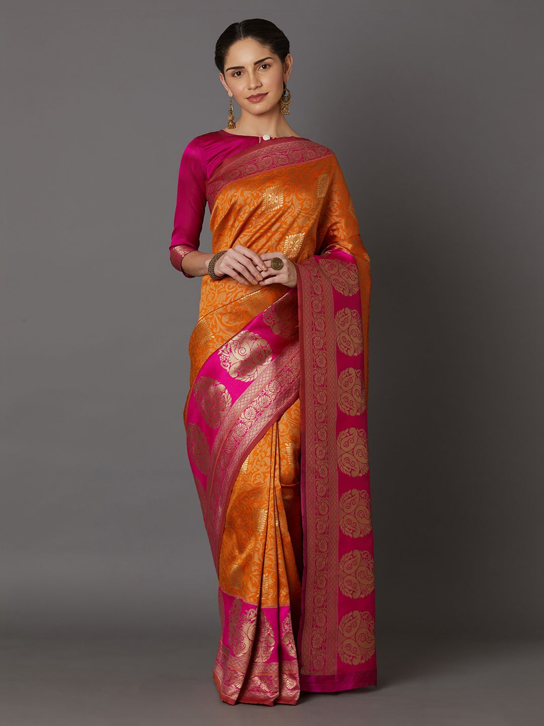 Mitera Orange & Pink Silk Blend Woven Design Kanjeevaram Saree Price in India