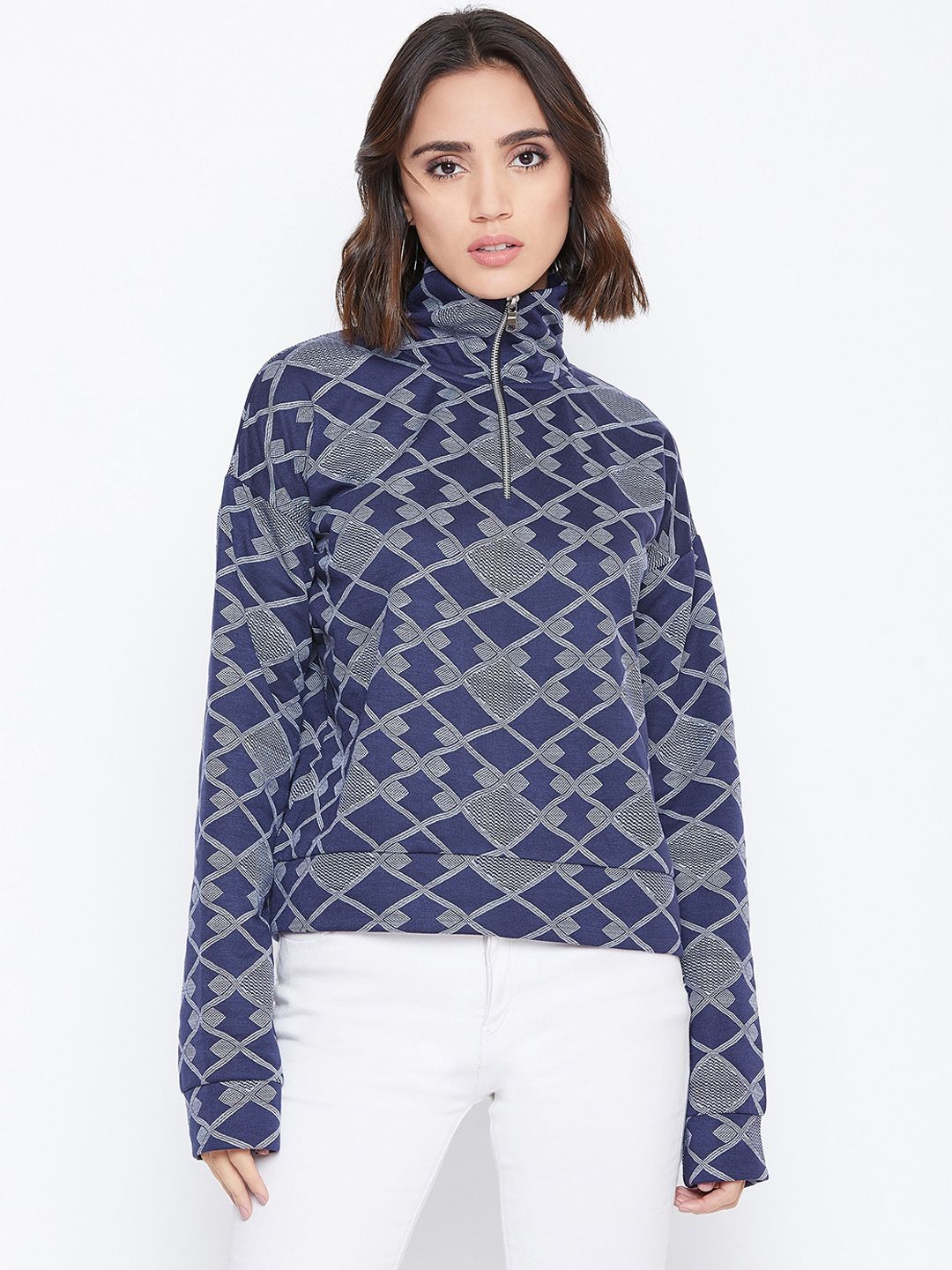 Zastraa Women Blue & Grey Printed Sweatshirt Price in India