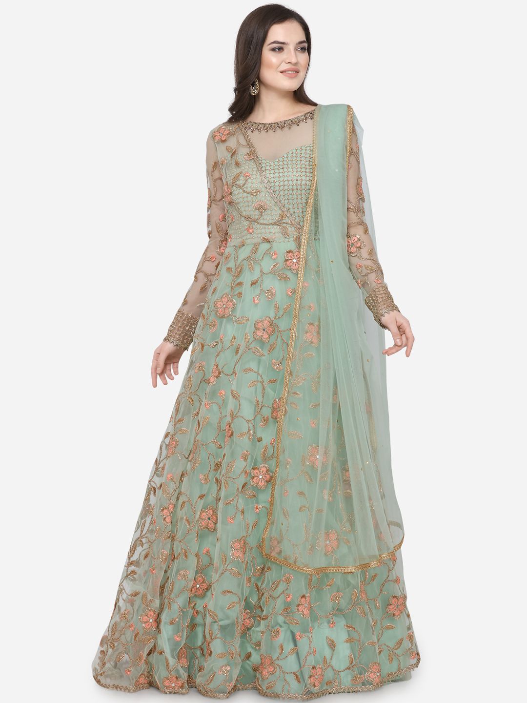 Stylee LIFESTYLE Green & Gold-Toned Net Semi-Stitched Dress Material Price in India