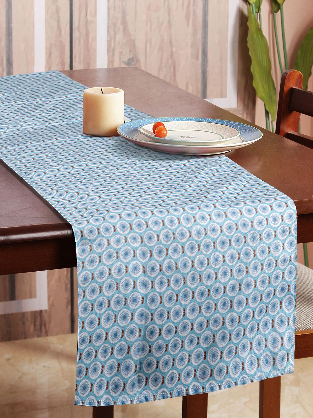 HOUZZCODE Blue & Beige Printed Rectangular Table Runner Price in India