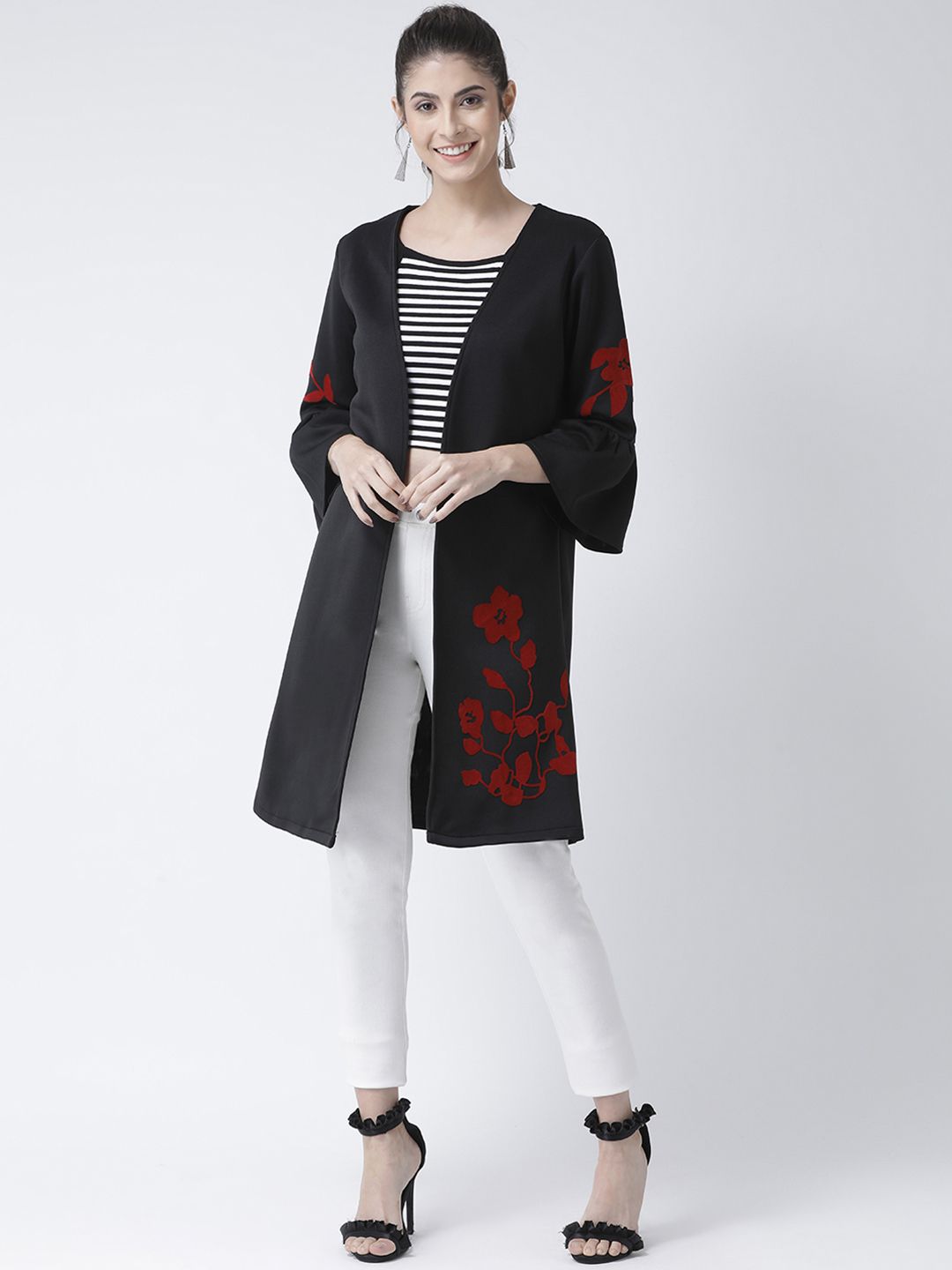 KASSUALLY Women Black & Red Floral Printed Open Front Shrug Price in India