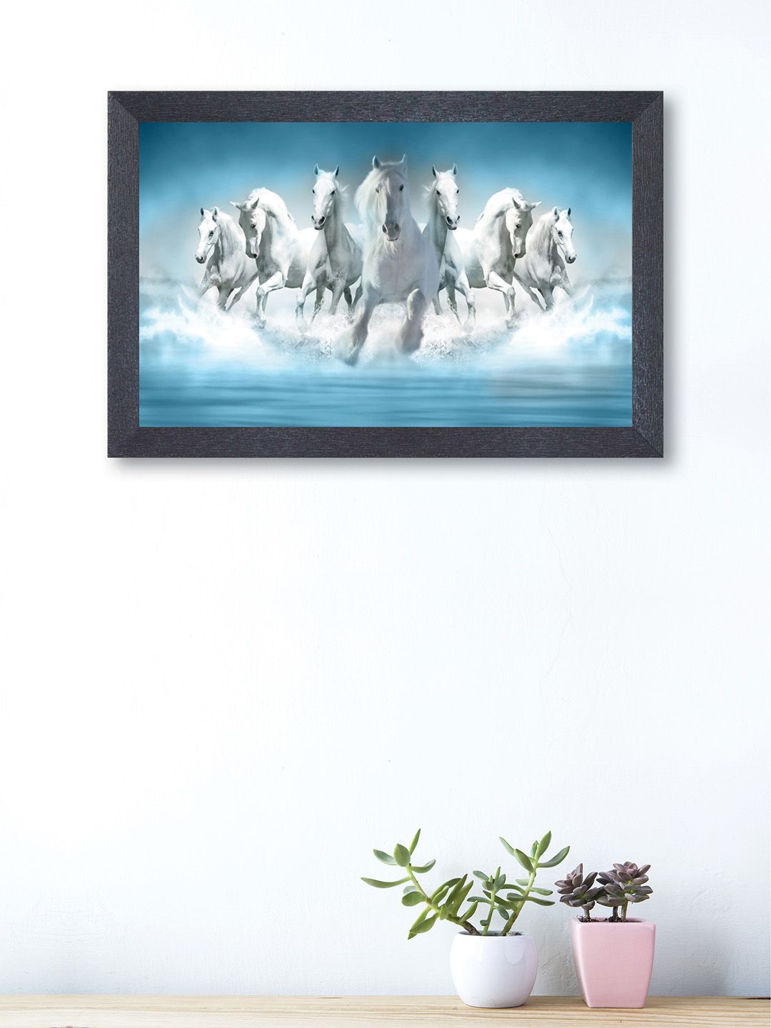 nest ART Blue & White Running White Horses Framed Wall Art Price in India