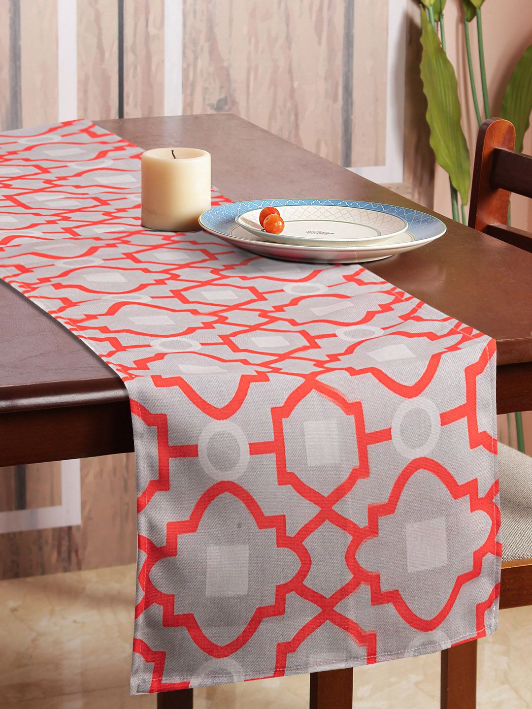 HOUZZCODE Orange & Grey Moroccan Patterned Rectangular Table Runner Price in India