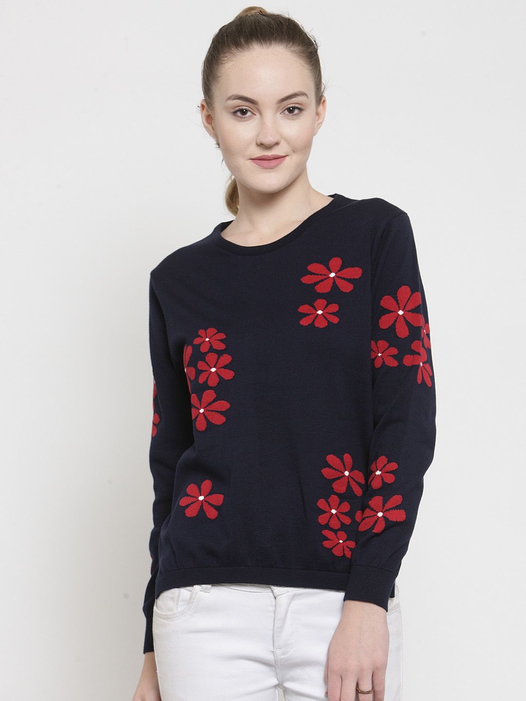 Kalt Women Navy Blue & Red Printed Pullover Sweater Price in India