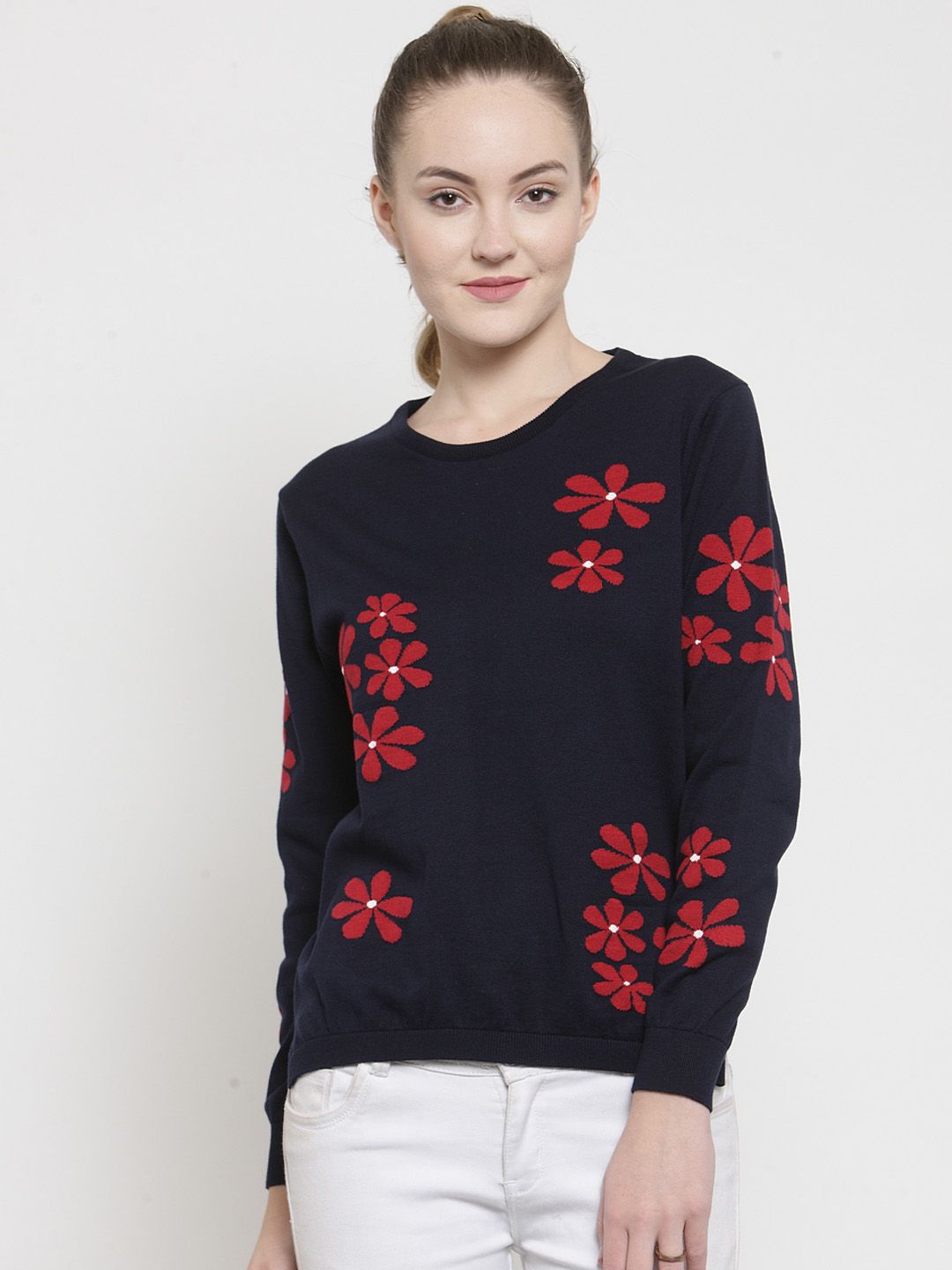 Kalt Women Navy Blue & Red Printed Pullover Sweater Price in India