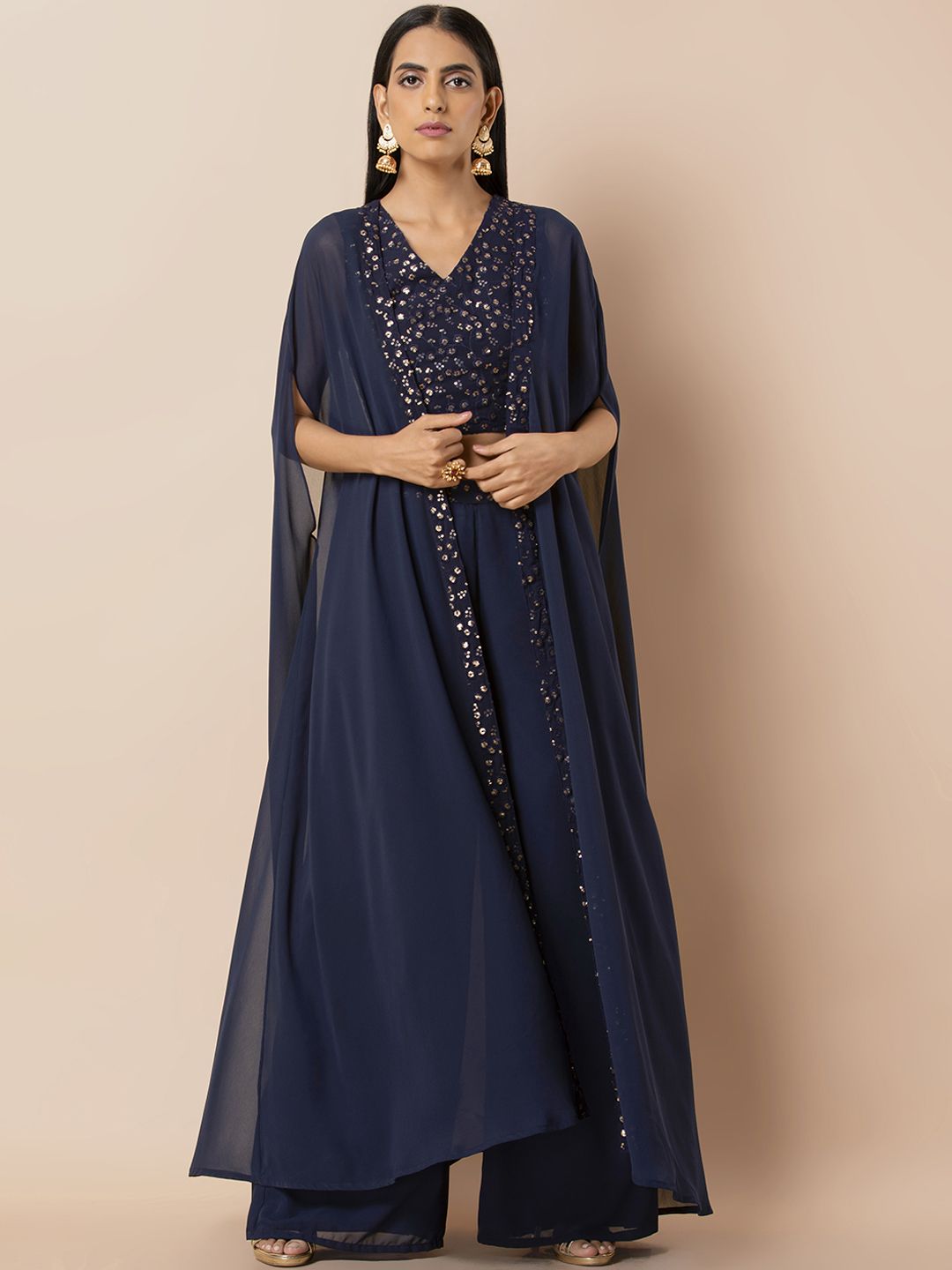 INDYA Women Navy Blue Solid Open Front Shrug Price in India