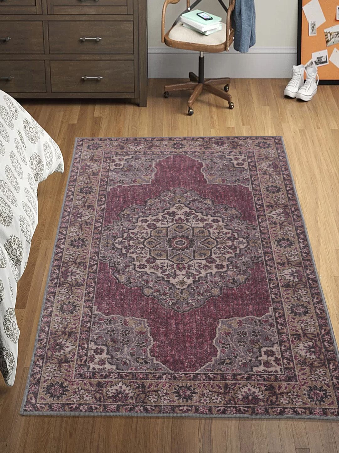 RUGSMITH Purple & Beige Patterned Anti-Skid Rectangle Carpet Price in India
