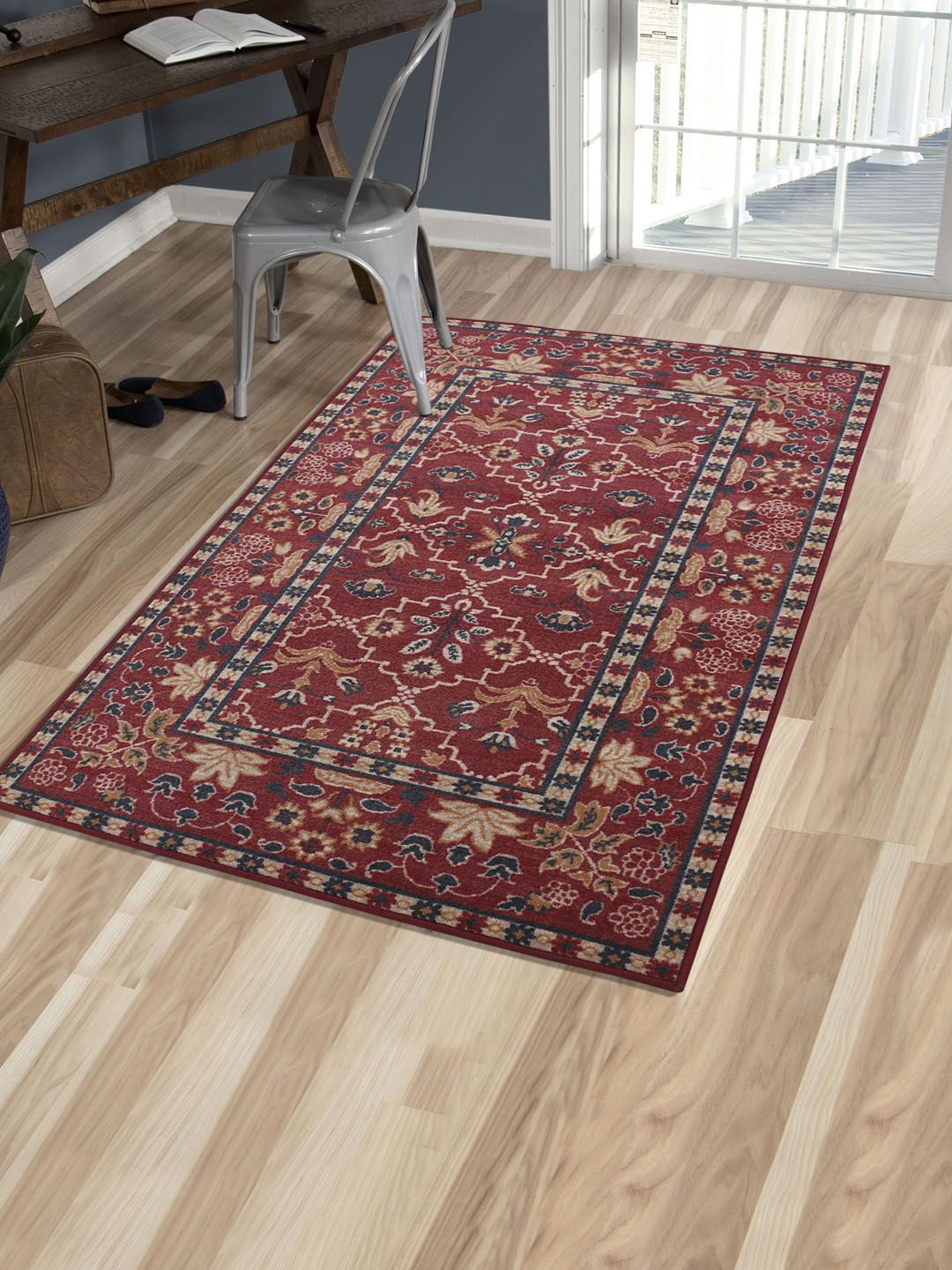 RUGSMITH Red & Black Patterned Anti-Skid Rectangle Carpet Price in India