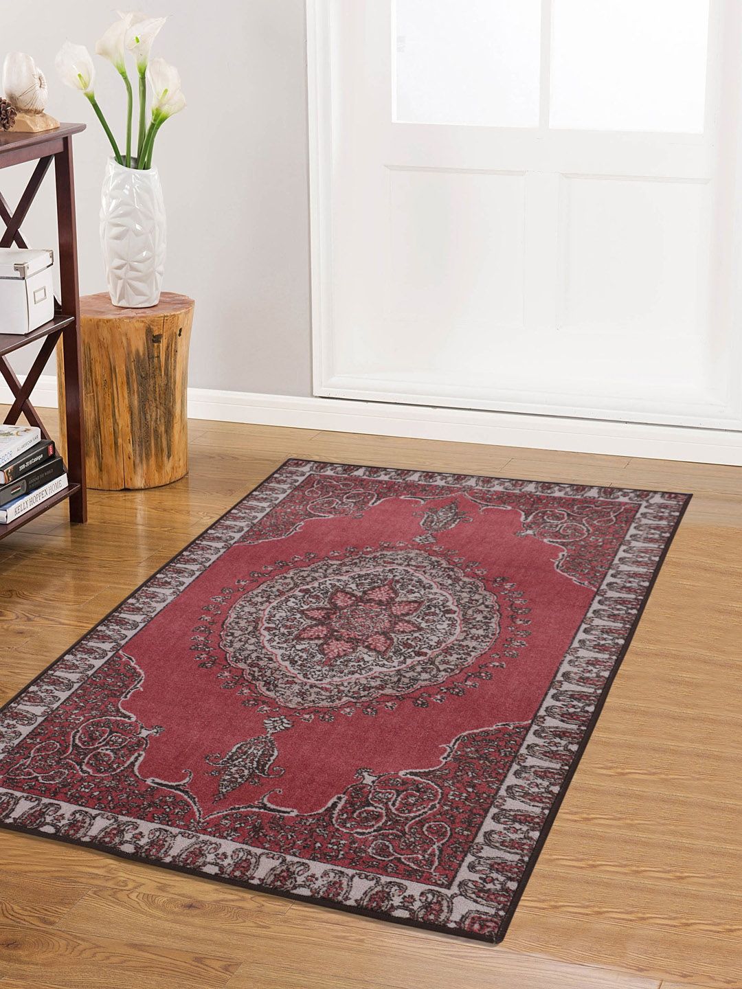 RUGSMITH Burgundy & Brown Ethnic Motif Printed Anti-Skid Rectangle Carpet Price in India