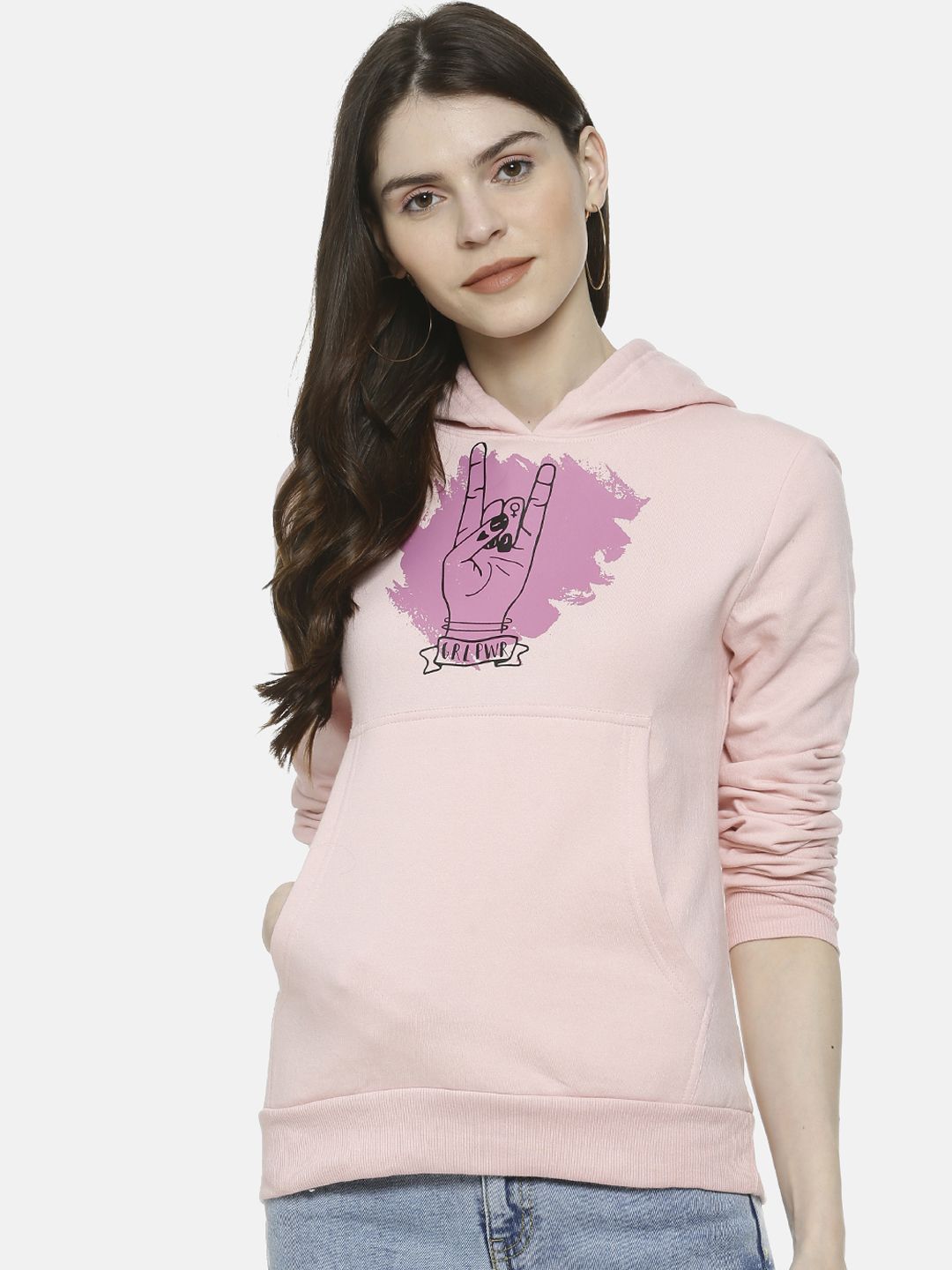 Campus Sutra Women Pink Printed Hooded Sweatshirt Price in India