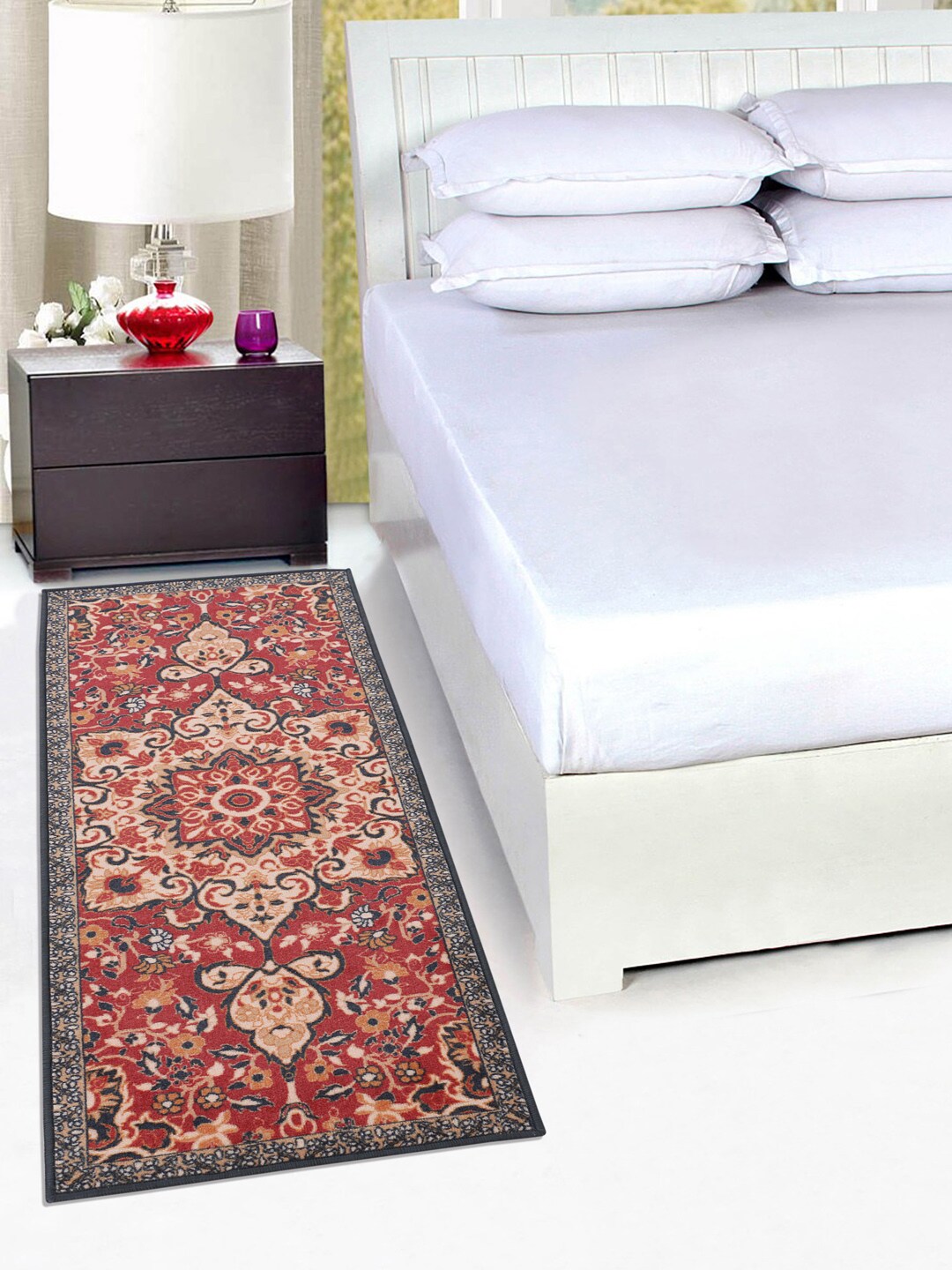 RUGSMITH Red & Black Patterned Anti-Skid Rectangle Floor Runner Price in India