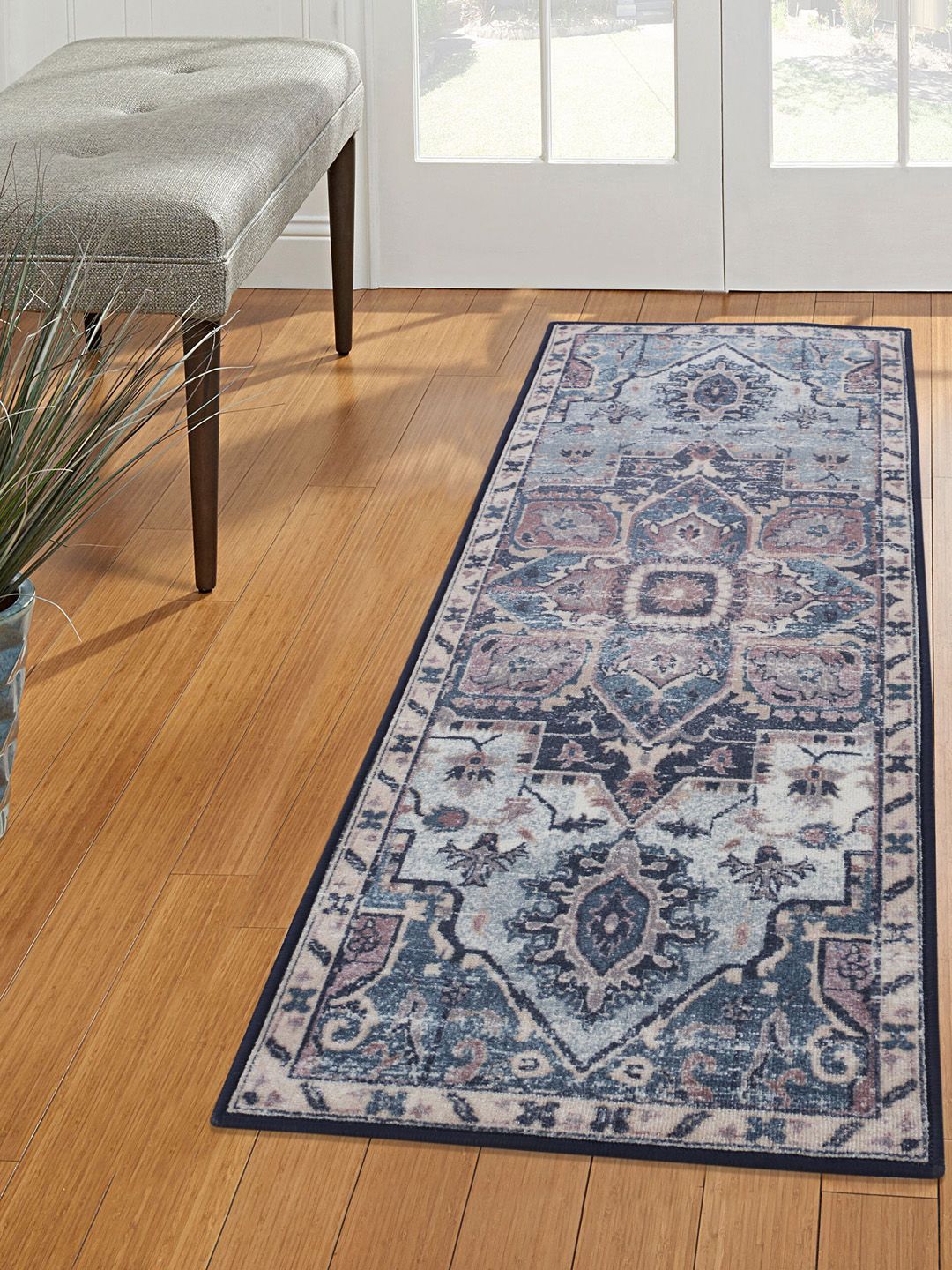 RUGSMITH Navy Blue & Beige Patterned Anti-Skid Floor Runner Price in India