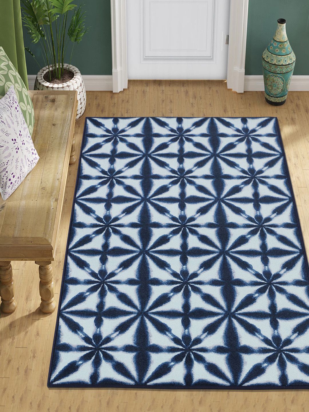 RUGSMITH Navy Blue & White Patterned Anti-Skid Rectangle Carpet Price in India
