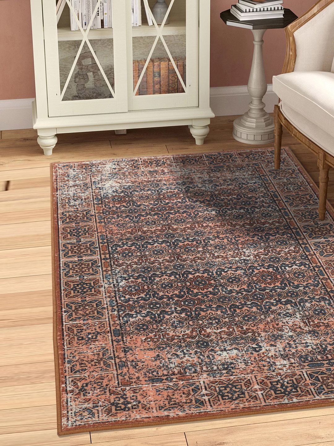 RUGSMITH Brown & Teal Blue Patterned Anti-Skid Rectangle Carpet Price in India