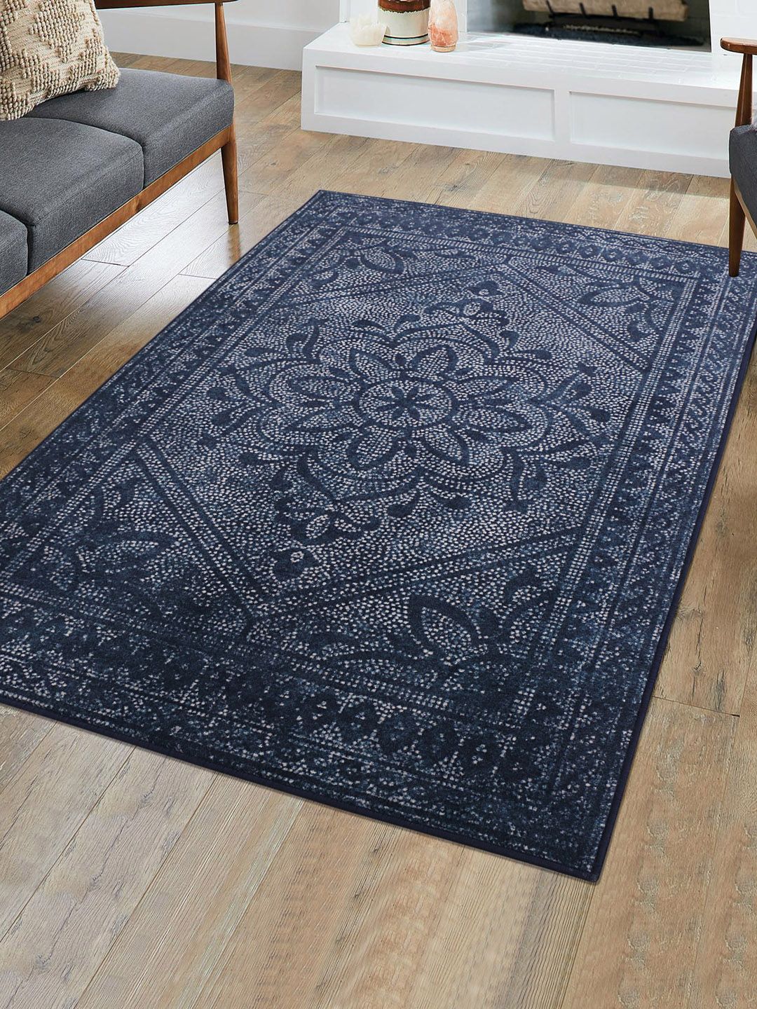 RUGSMITH Navy Blue Patterned Anti-Skid Rectangle Carpet Price in India