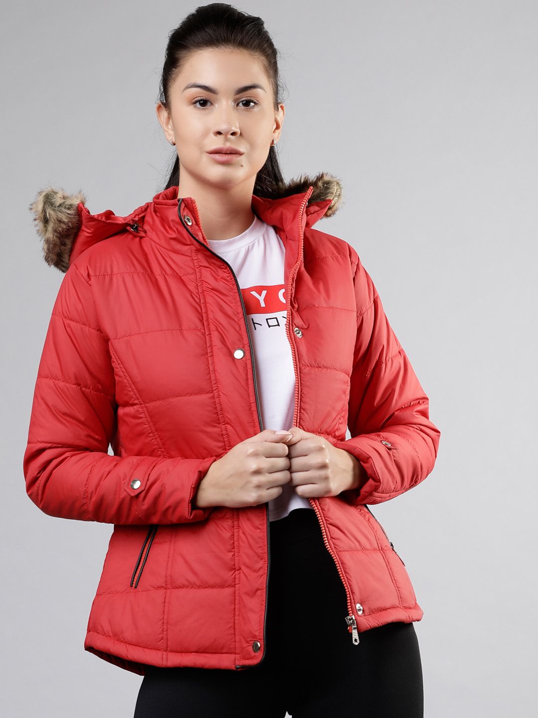 Tokyo Talkies Women Red Solid Puffer Jacket Price in India