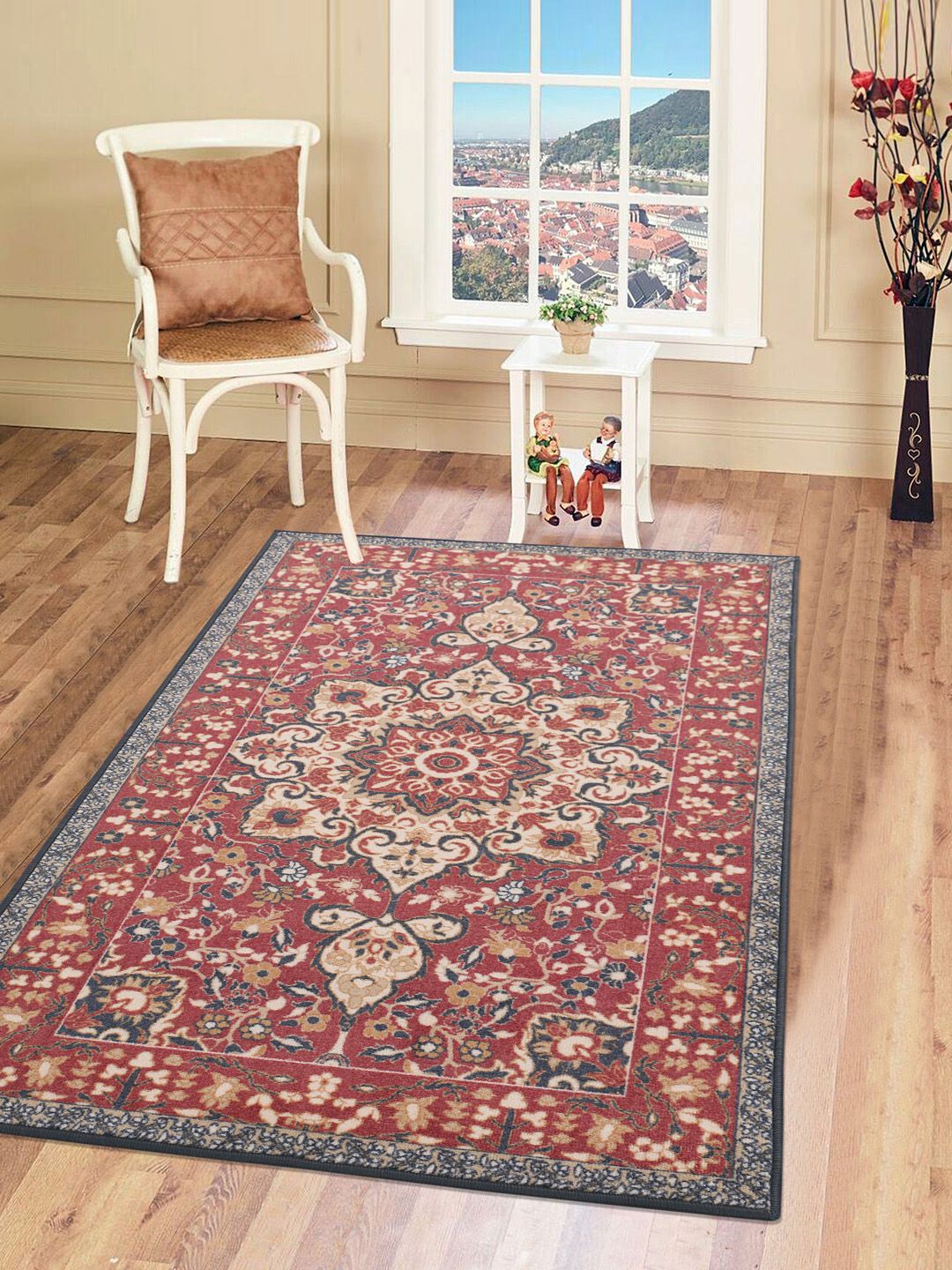 RUGSMITH Red & Charcoal Grey Patterned Anti-Skid Rectangle Carpet Price in India