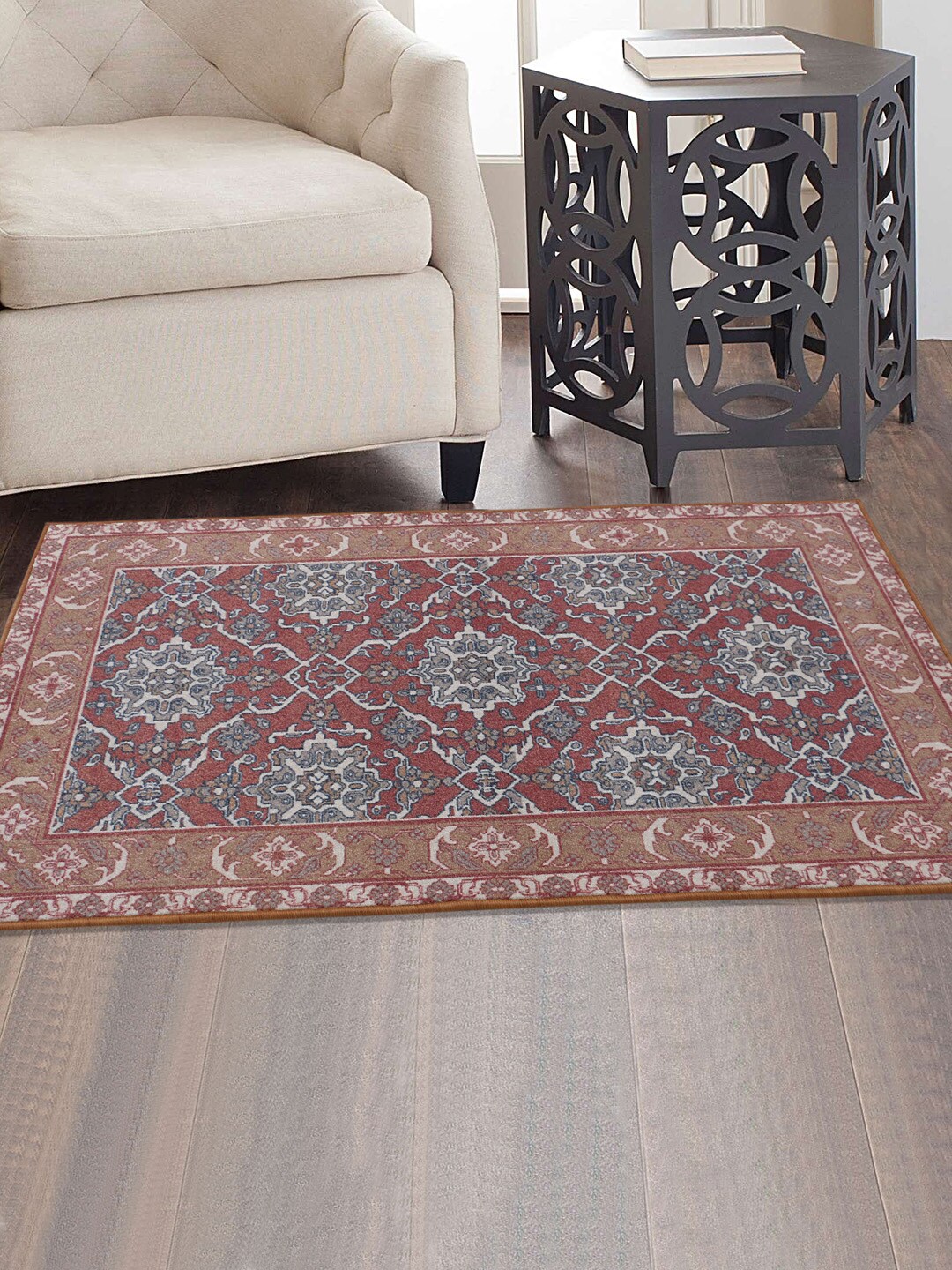 RUGSMITH Maroon & Brown Patterned Anti-Skid Rectangle Carpet Price in India
