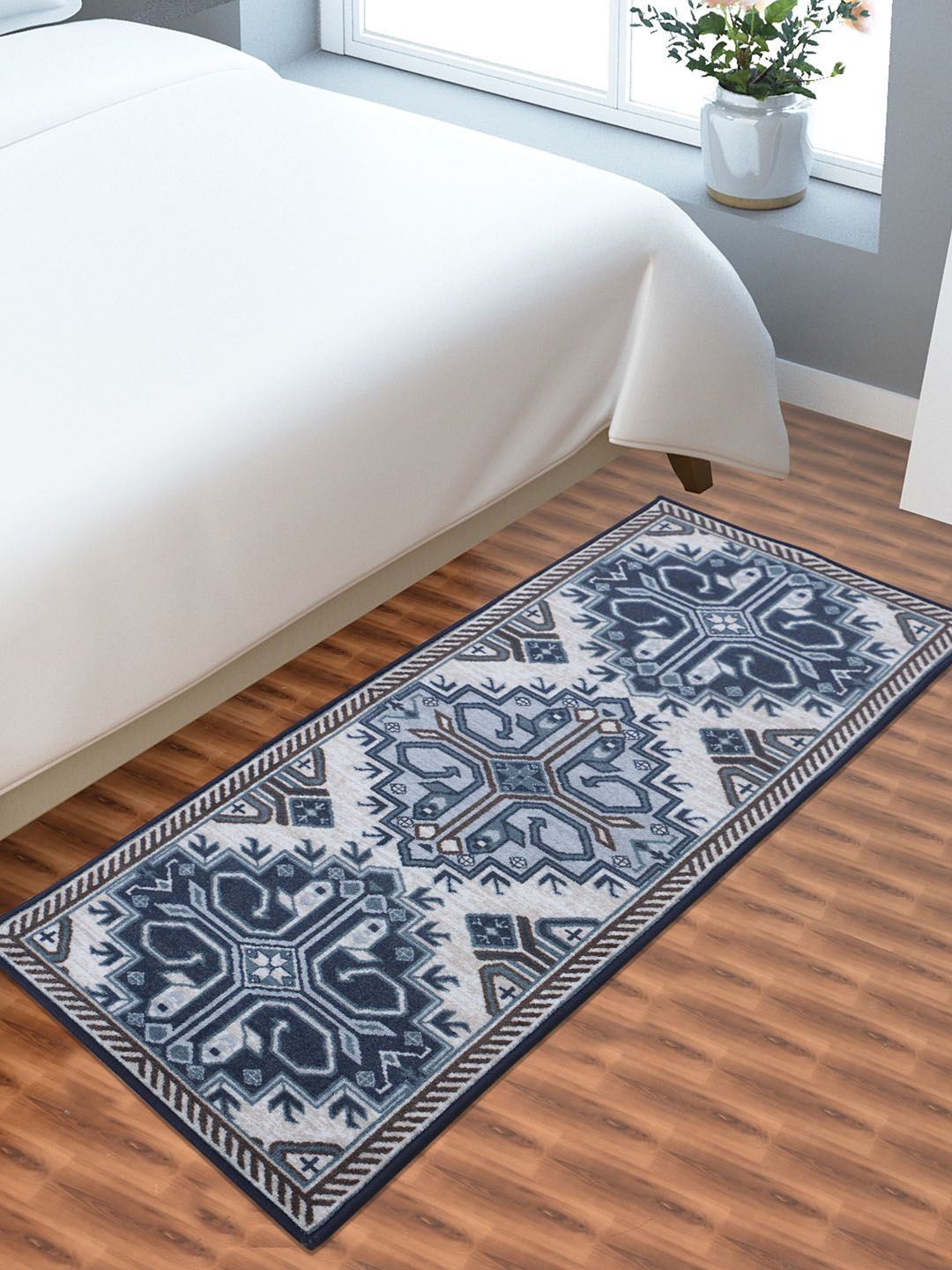 RUGSMITH Navy Blue & Beige Patterned Anti-Skid Floor Runner Price in India