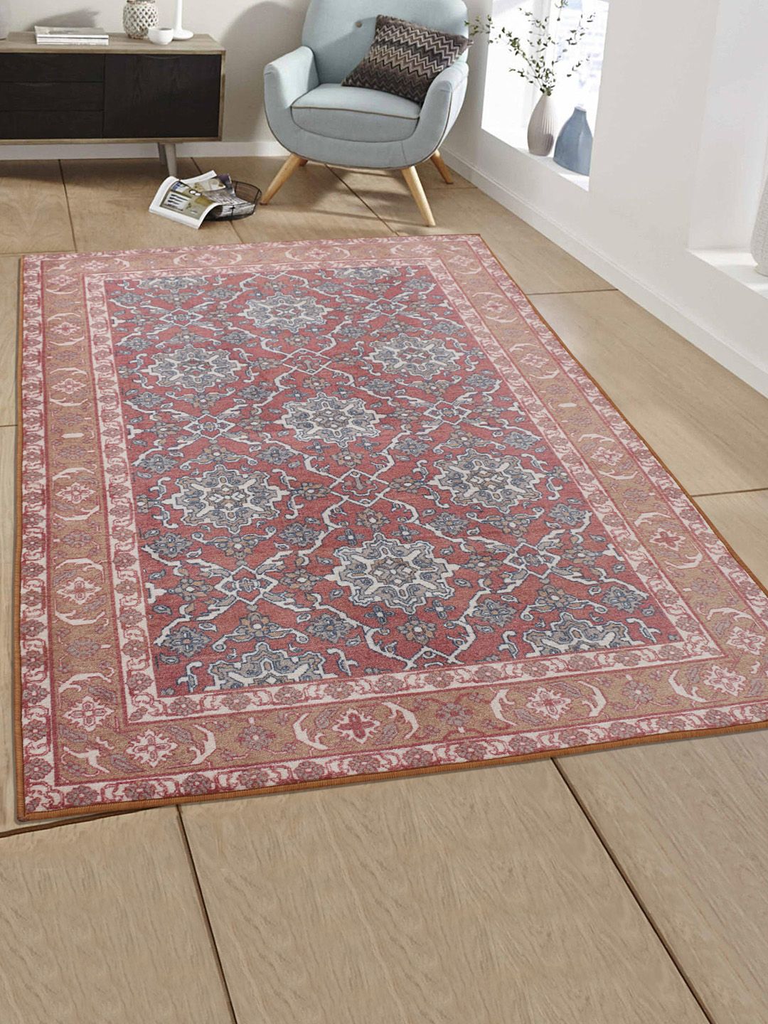 RUGSMITH Maroon & Brown Patterned Anti-Skid Rectangle Carpet Price in India