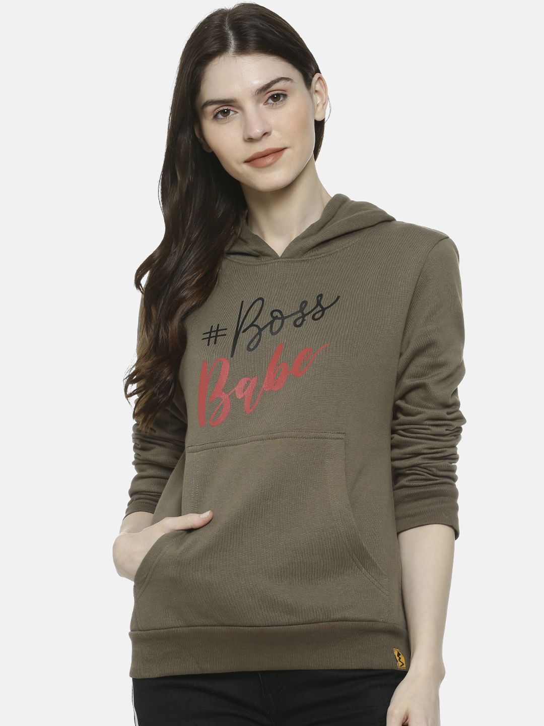 Campus Sutra Women Olive Green & Red Printed Hooded Sweatshirt Price in India