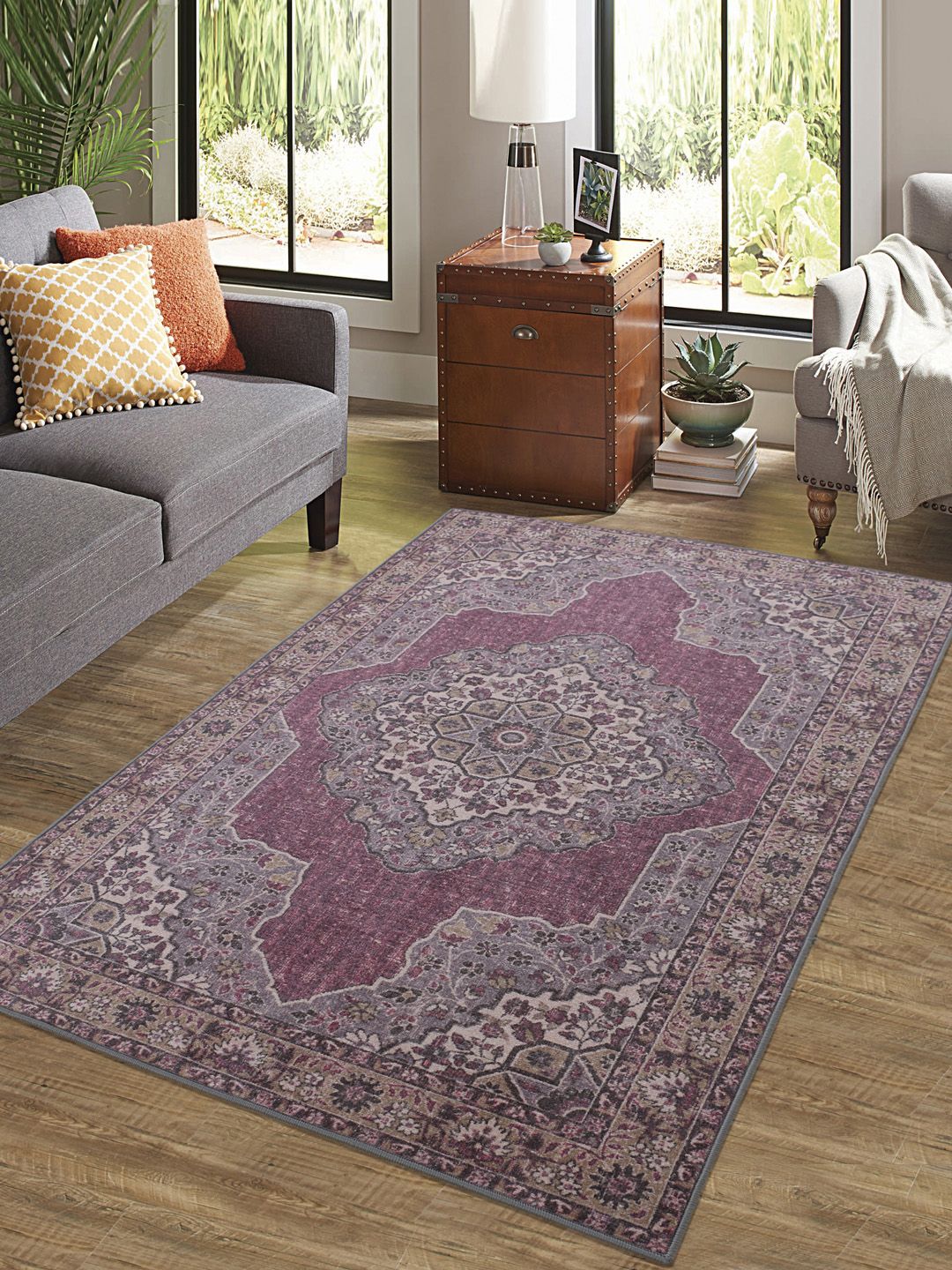 RUGSMITH Purple & Grey Patterned Anti-Skid Rectangle Carpet Price in India