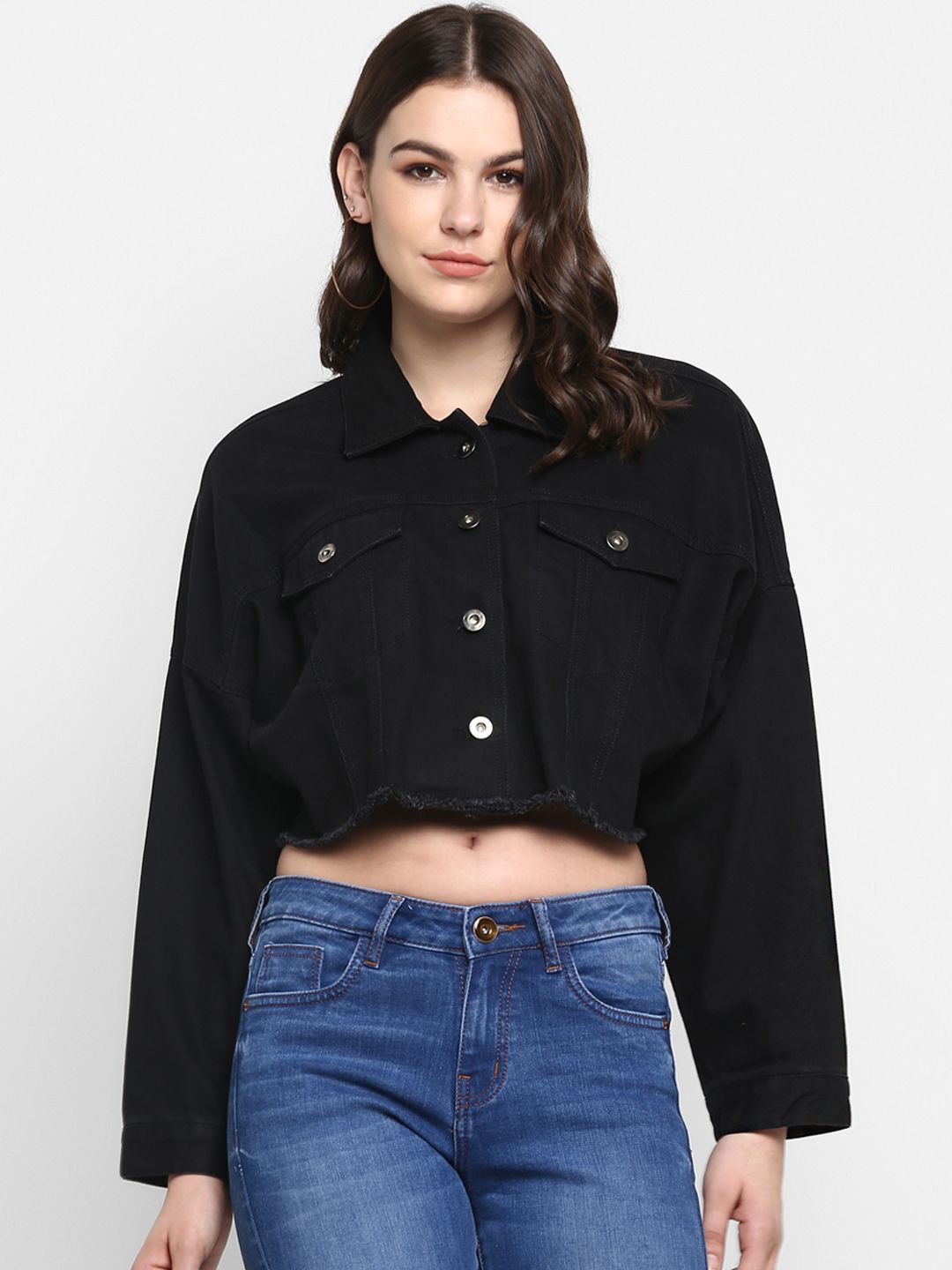 FOSH Women Black Solid Denim Jacket Price in India