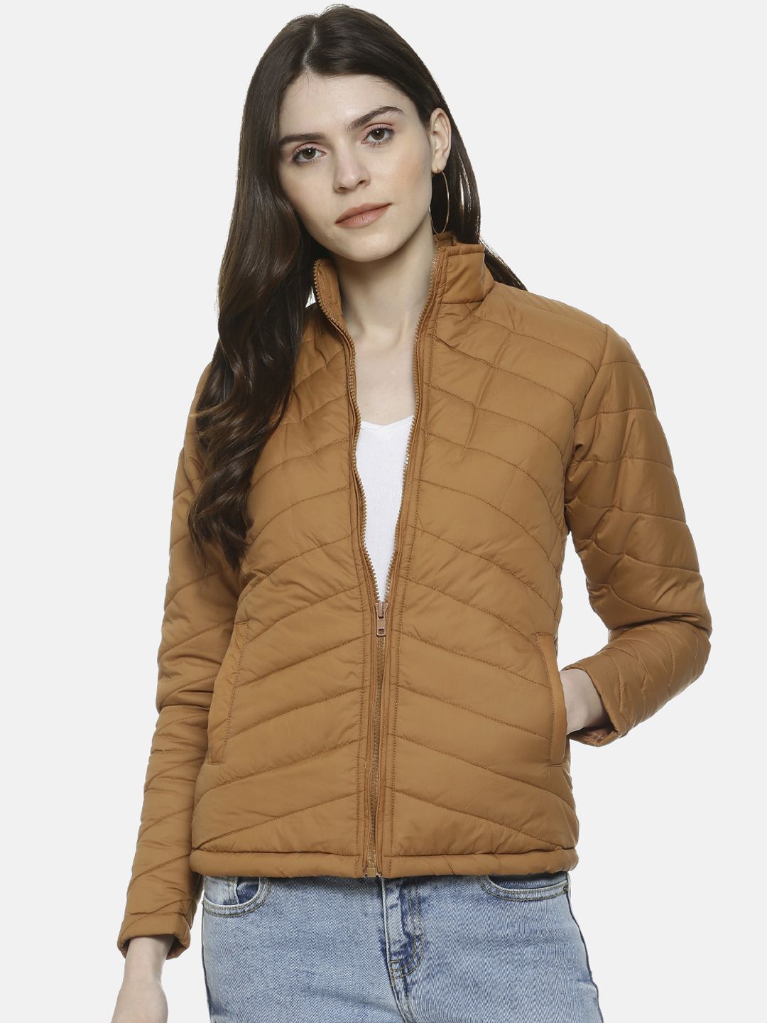 Campus Sutra Women Brown Solid Windcheater Jacket Price in India