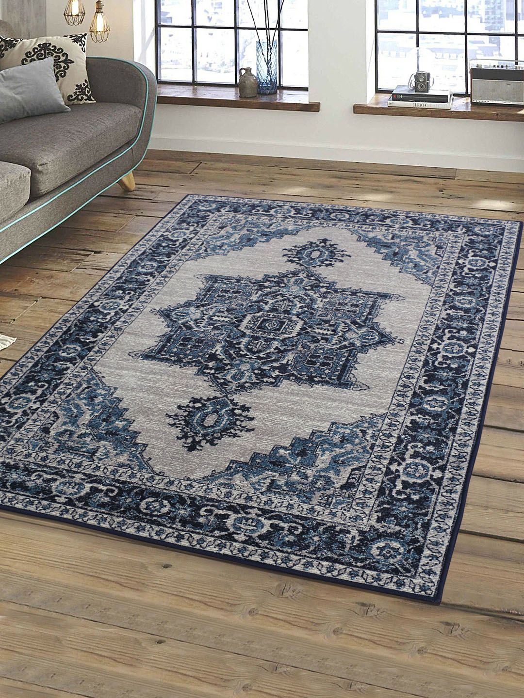 RUGSMITH Navy Blue & Grey Patterned Anti-Skid Carpet Price in India
