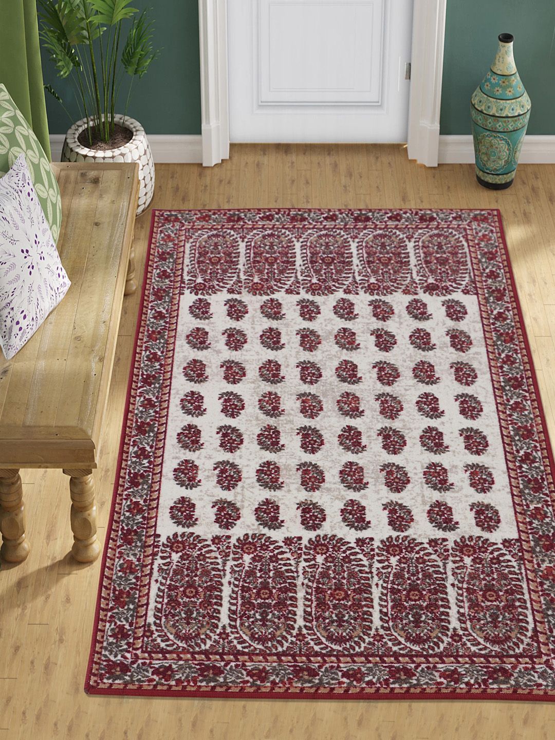 RUGSMITH OffWhite & Maroon Patterned Anti-Skid Carpet Price in India